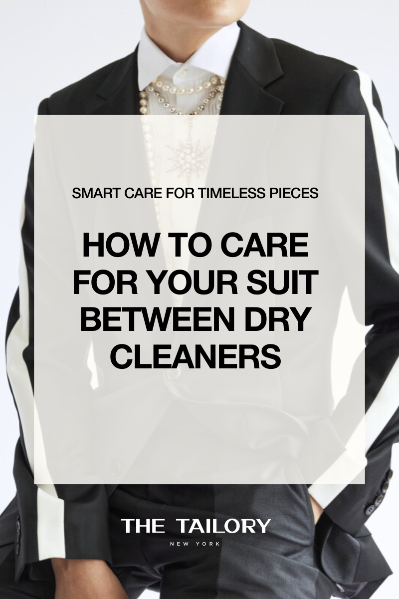 Person in black suit with pearls and text about suit care by The Tailory New York.