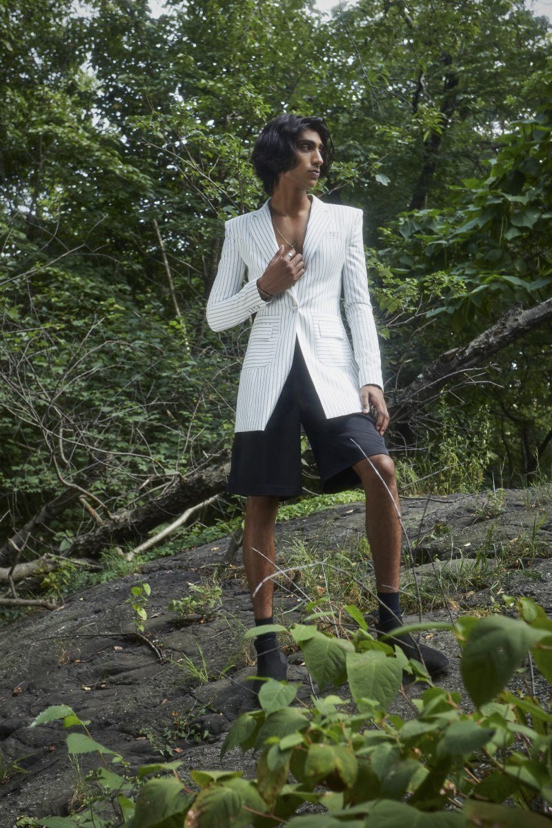 Model in bespoke genderless fashion