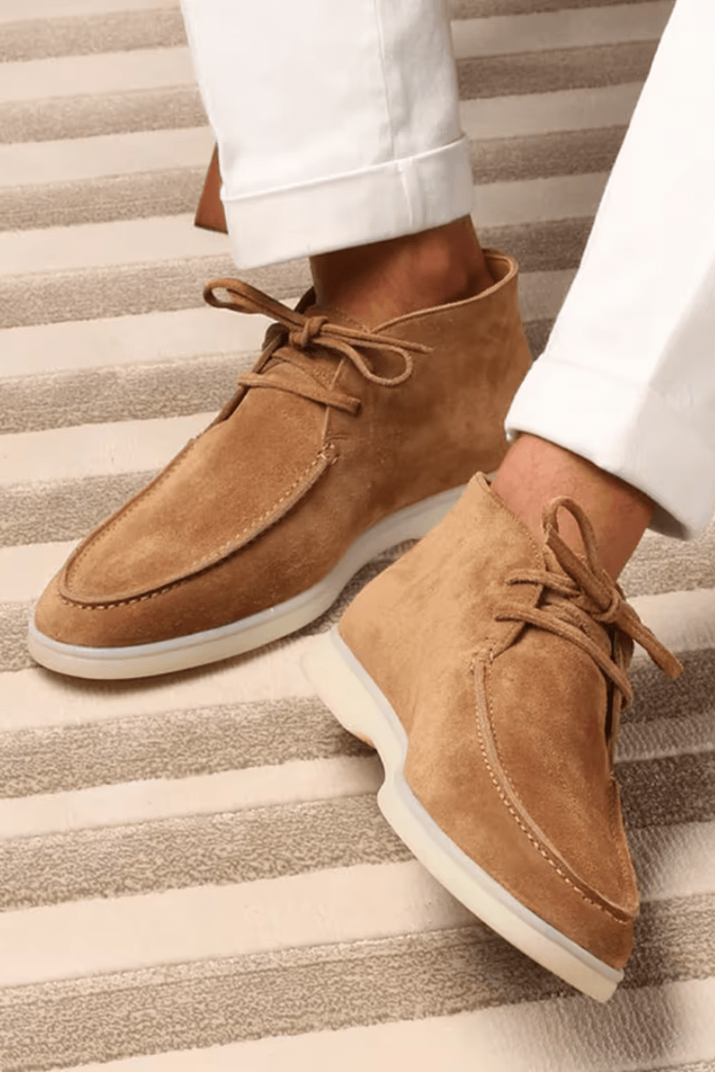 suit with desert boots