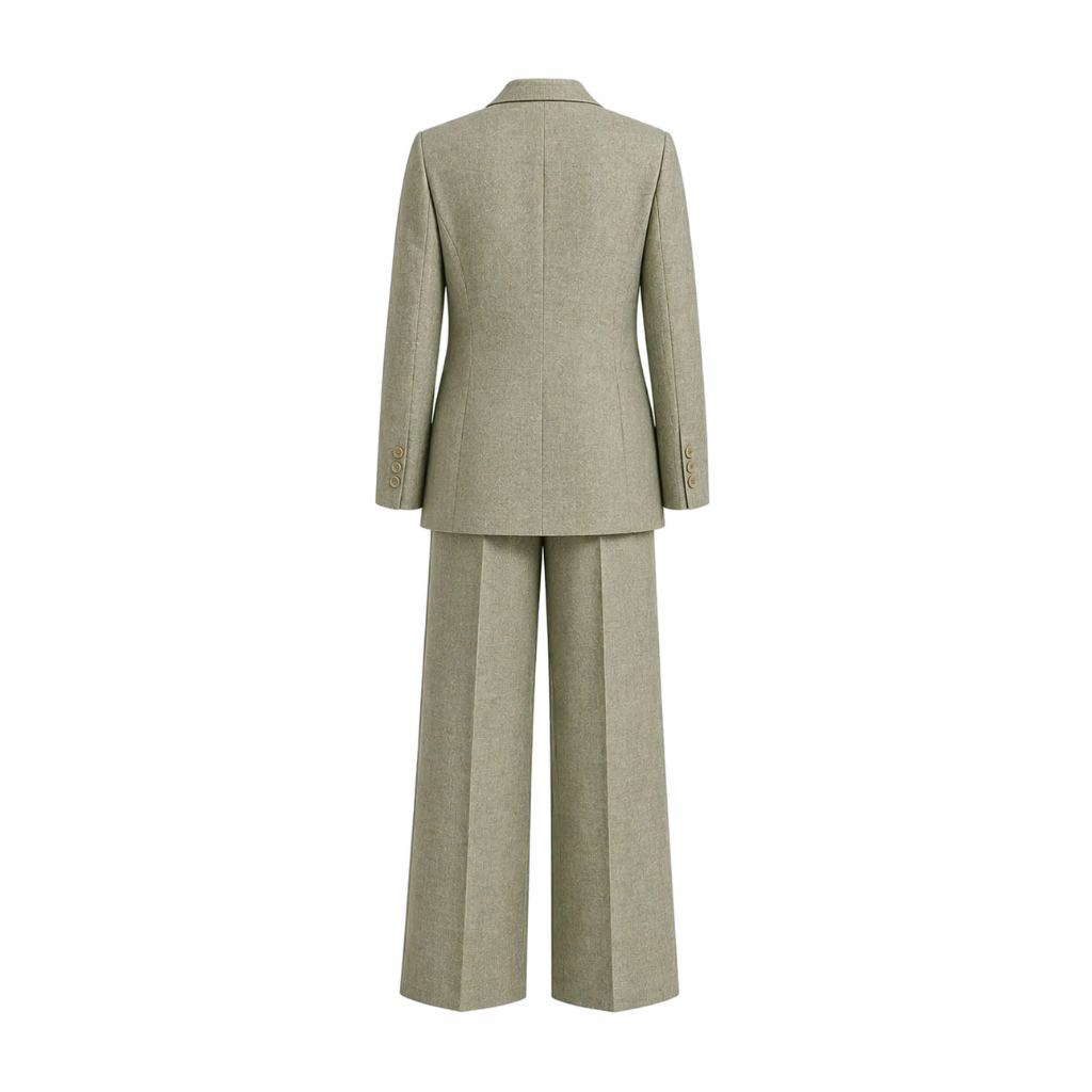 Sage Green Wool and Linen Blend Summer Wedding Two Piece Suit shown from the back, featuring a tailored blazer with buttoned cuffs and wide-leg trousers designed for elegant summer formalwear.