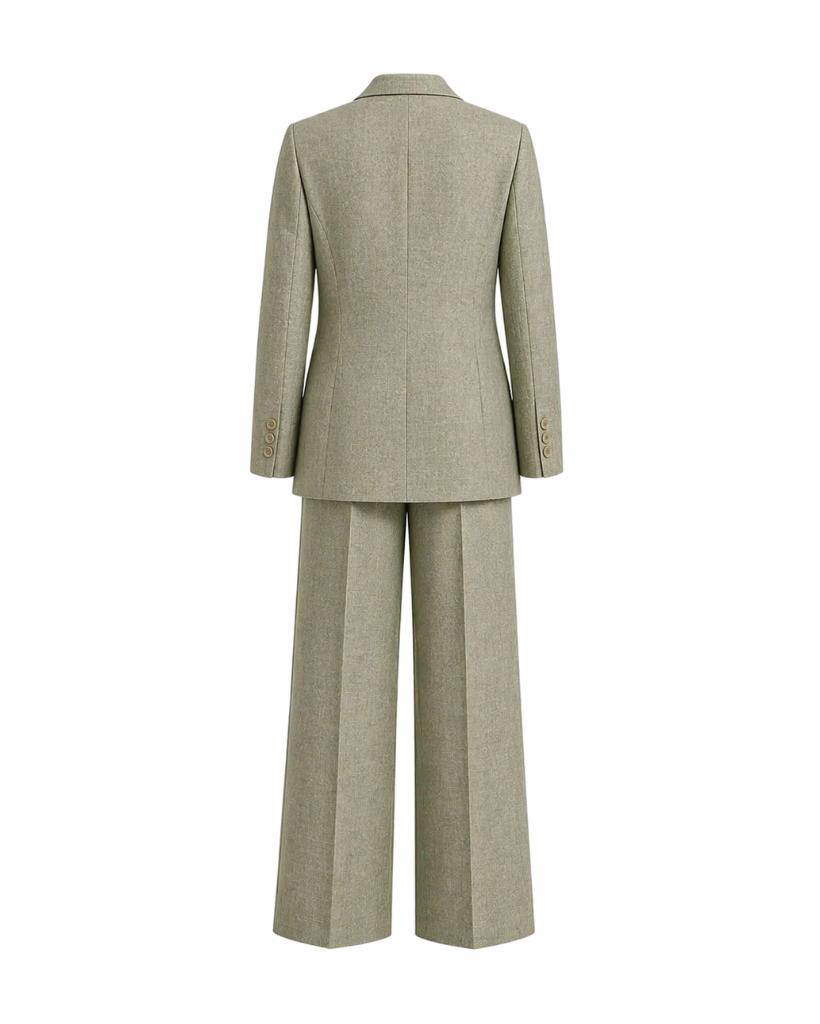 Sage Green Wool and Linen Blend Summer Wedding Two Piece Suit shown from the back, featuring a tailored blazer with buttoned cuffs and wide-leg trousers designed for elegant summer formalwear.