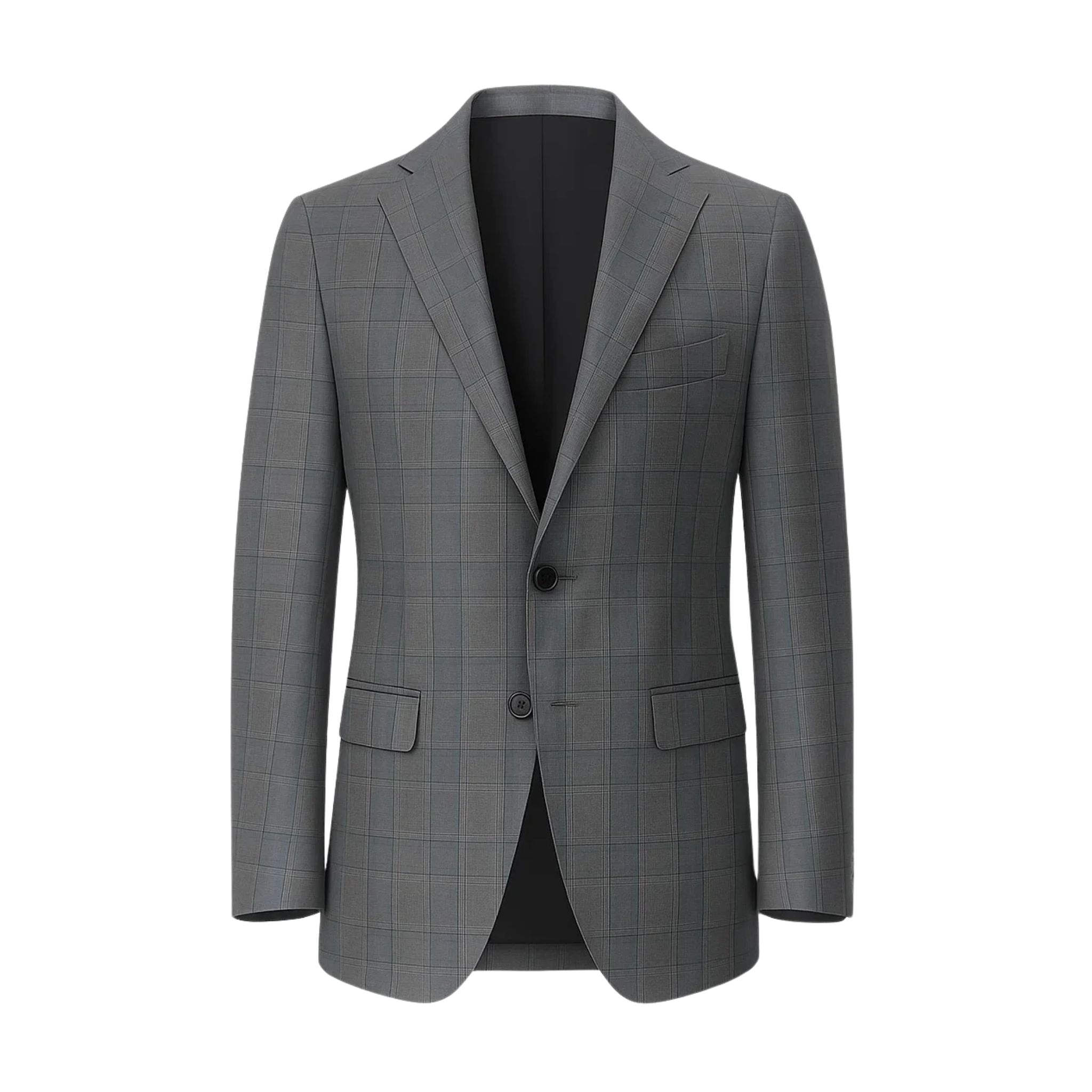 Men's Loro Piana Grey Check Blazer featuring a tailored two-button design with notch lapels, flap pockets, and subtle check pattern in refined grey fabric for sophisticated menswear.