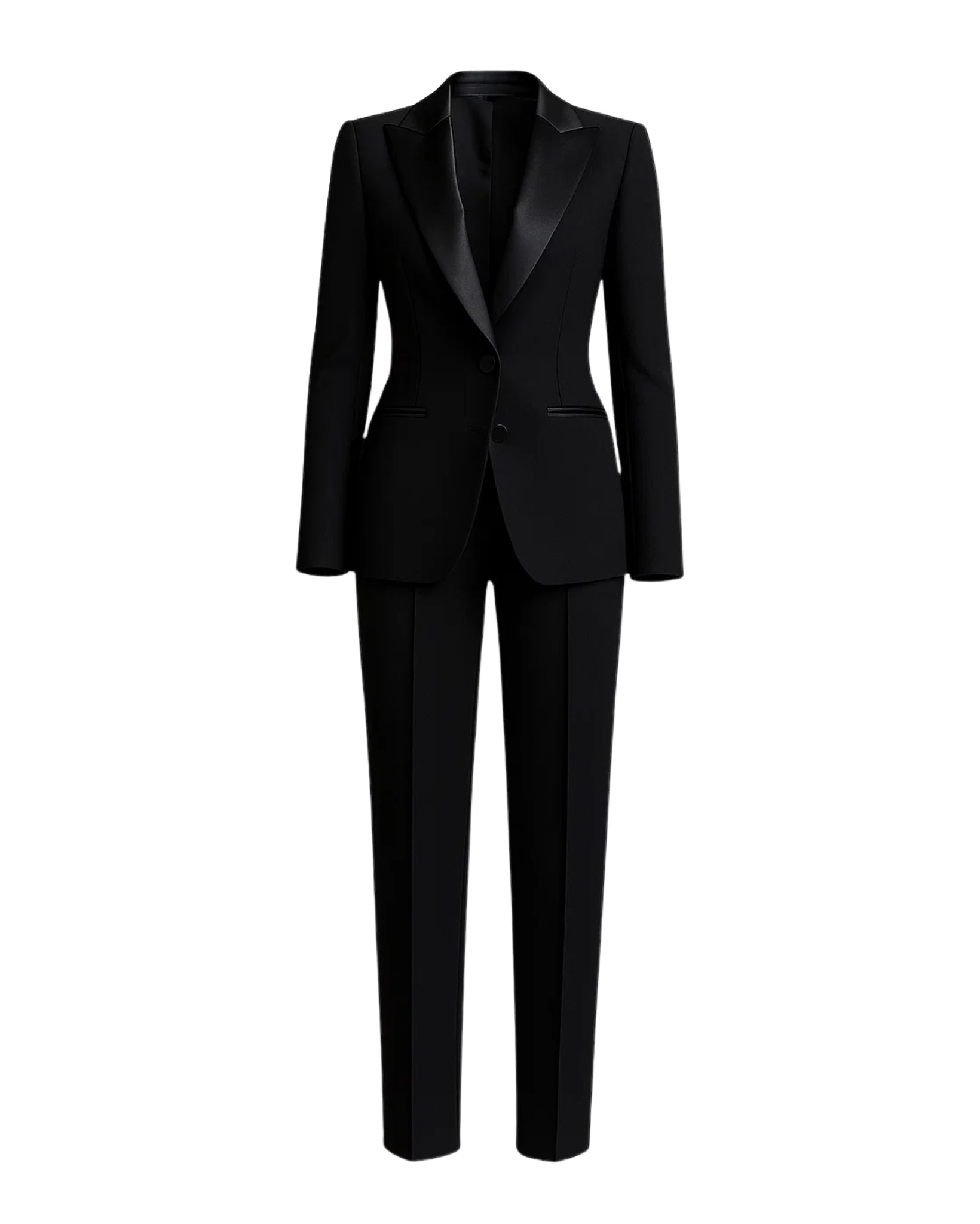 Black Fitted Wedding Tuxedo featuring a sleek tailored blazer with satin peak lapels, single-button closure, and slim straight-leg trousers for a modern and elegant bridal tuxedo look.