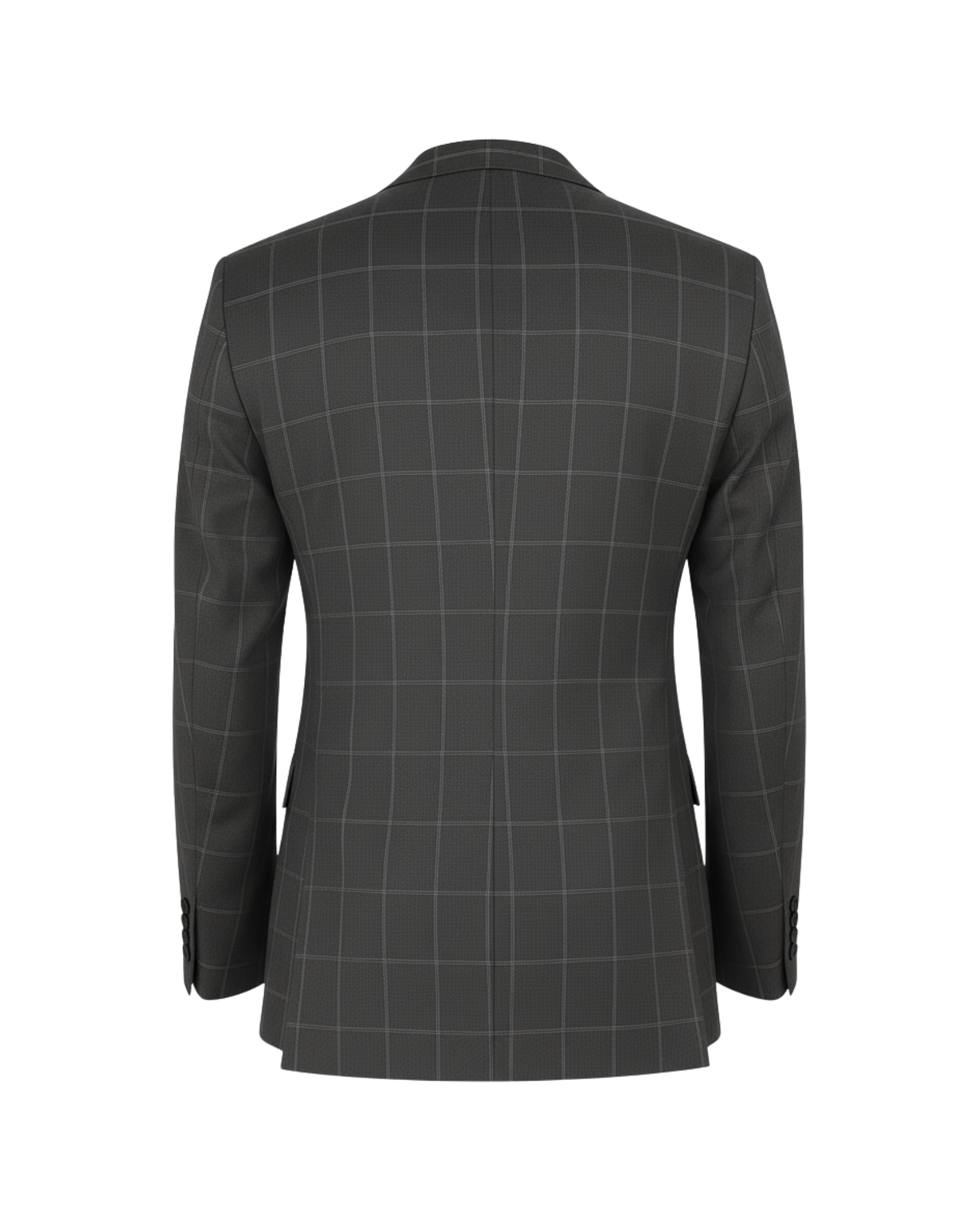Back view of the Grey & Blue Plaid Two-Button Tailored Jacket with Skull Lining, showcasing its structured silhouette and classic windowpane plaid pattern in grey and blue tones.