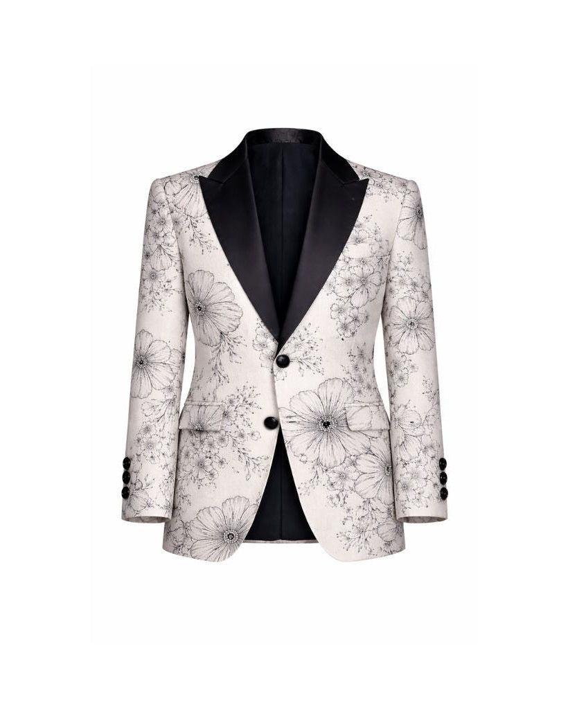 Brunello Cucinelli White Floral Graphic Tuxedo Jacket featuring a tailored fit with intricate monochrome floral illustrations and contrasting black satin peak lapels for refined formalwear.