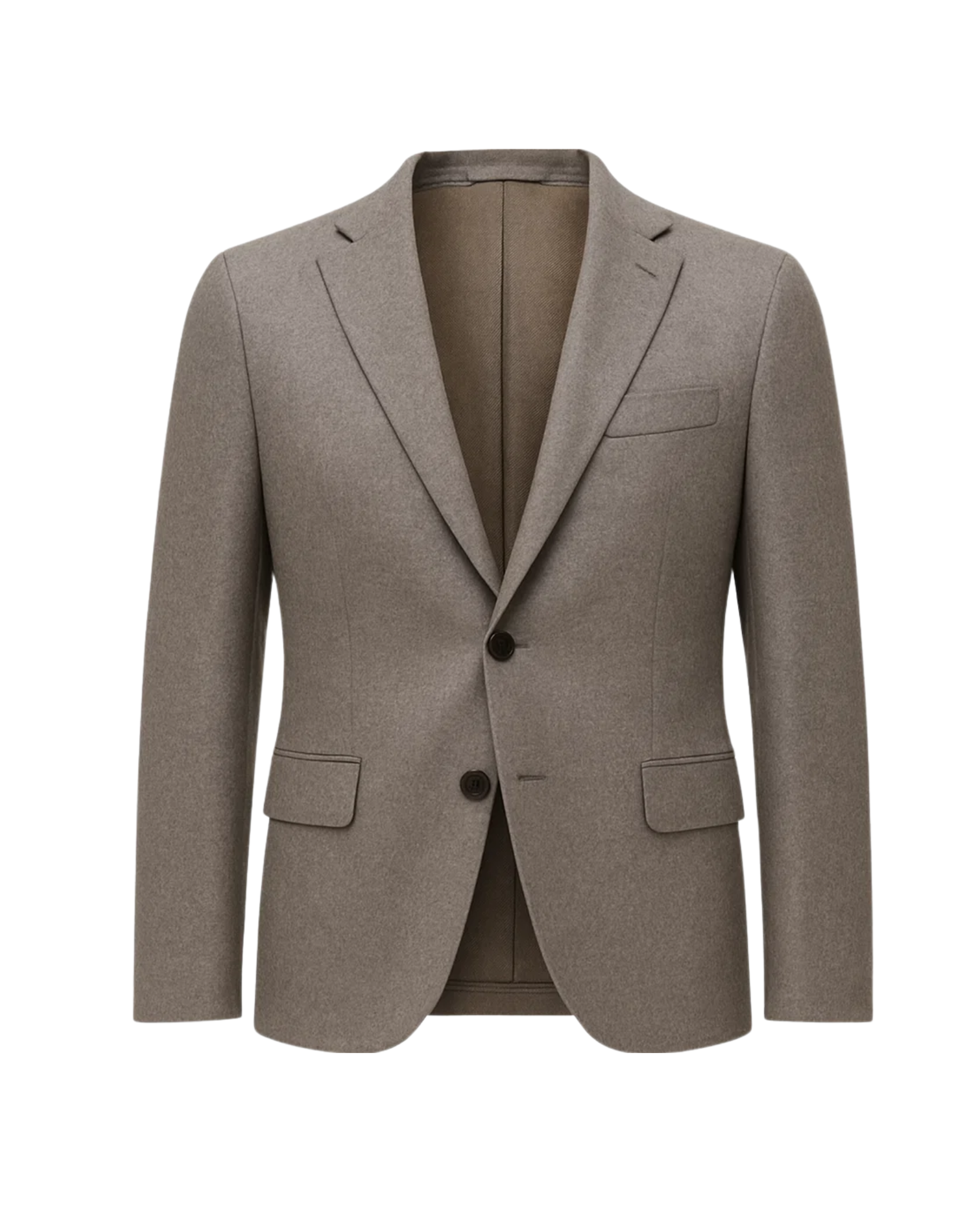 Men's Taupe Brown Classic Tailored Blazer with a two-button front, notch lapels, flap pockets, and a slim fit crafted from smooth taupe brown fabric for timeless menswear.