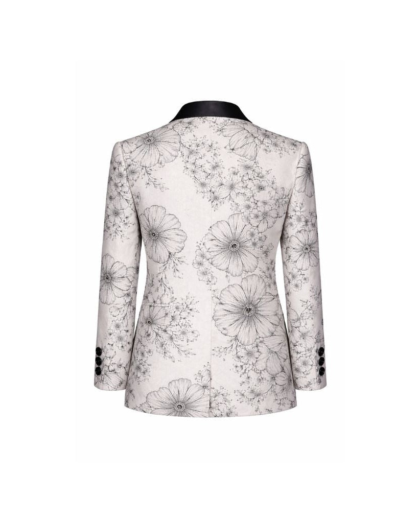 Back view of Brunello Cucinelli White Floral Graphic Tuxedo Jacket showcasing a tailored fit with delicate black floral sketches on white fabric and contrasting black satin collar.
