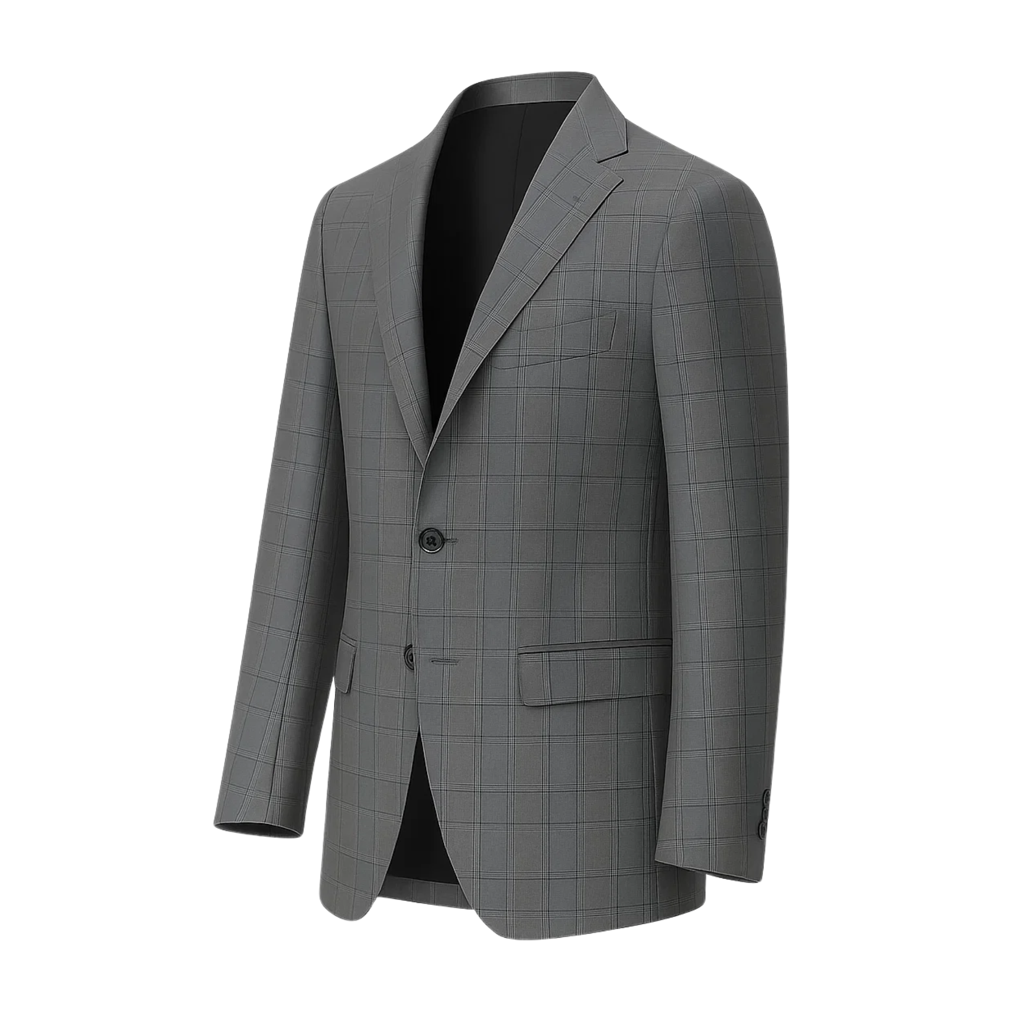 Men's Loro Piana Grey Check Blazer showcasing a tailored two-button front with notch lapels, flap pockets, and a subtle check pattern in refined grey fabric for elegant menswear.