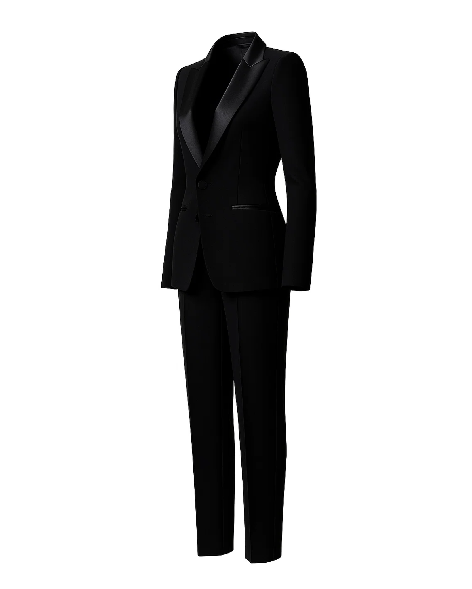 Black Fitted Wedding Tuxedo featuring a sleek tailored blazer with satin peak lapels, single-button closure, and slim straight-leg trousers in luxury fabric for a refined formal look.