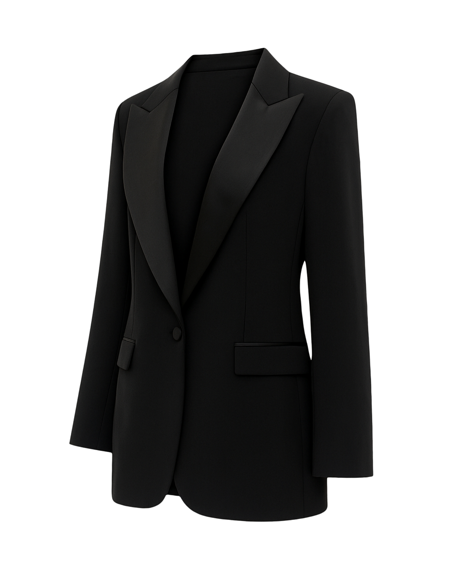 SAMPLE SALE | Notch Lapel Black Blazer featuring a single-button closure, sleek tailored fit, and satin-edged notch lapels for refined gender-neutral suiting and formal evening wear.