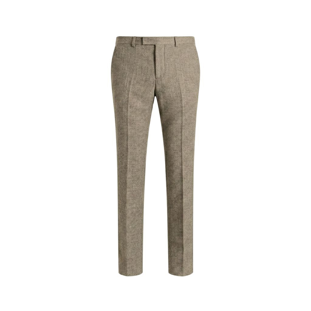 Loro Piana Beige Wool Tailored Trousers displayed front-facing, featuring a slim fit cut with finely textured wool fabric in a soft beige tone for refined formalwear.