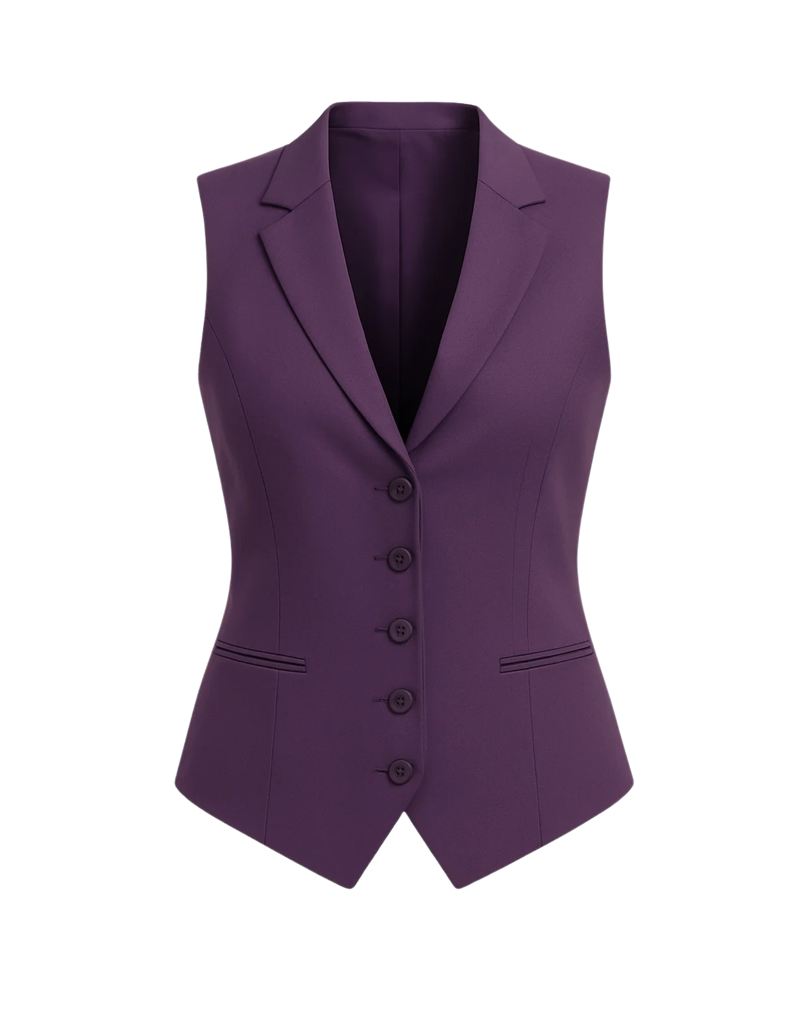 Women's Purple Five Button Vest featuring a tailored sleeveless design with notch lapels, five front buttons, and sleek welt pockets for a sharp, modern tailored look.