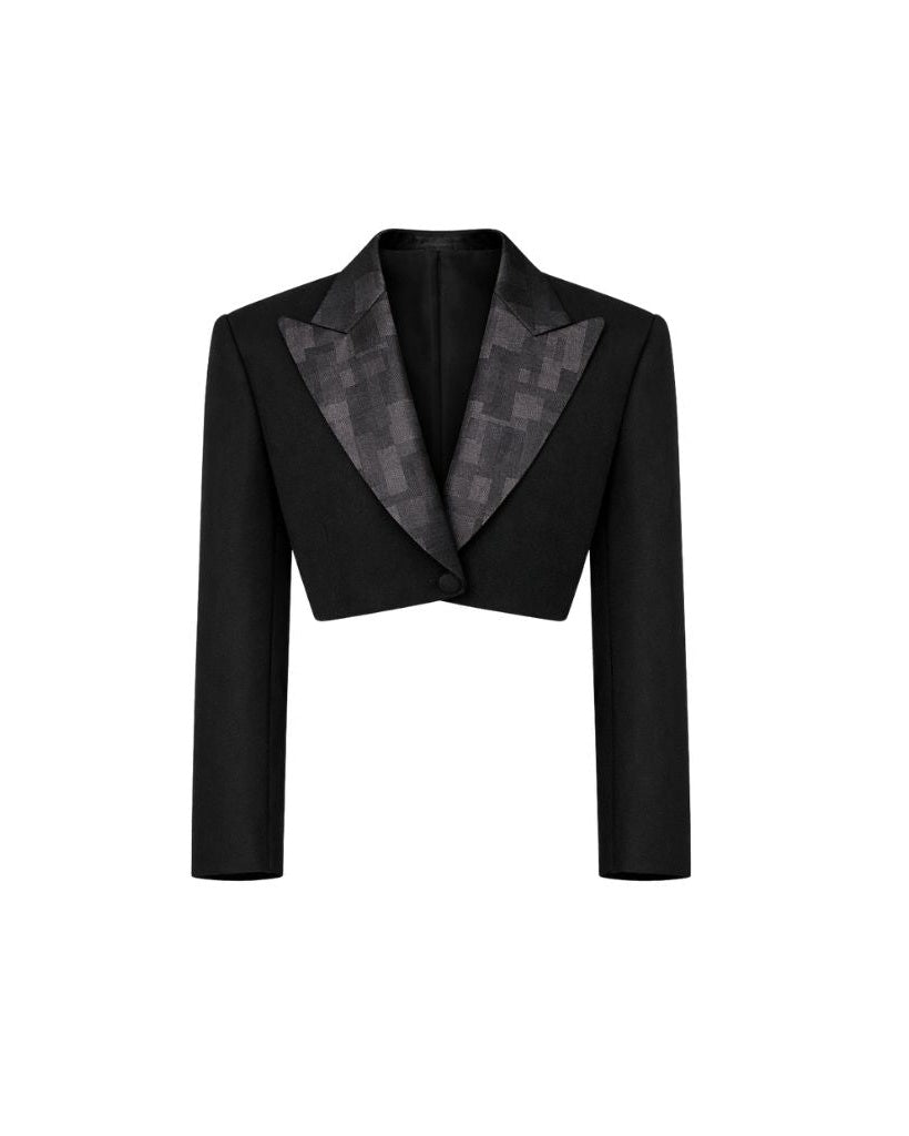 Black Cropped Tuxedo Jacket with Jacquard Lapel featuring a sleek cropped silhouette and textured jacquard pattern on the wide shawl collar for sophisticated formal eveningwear.