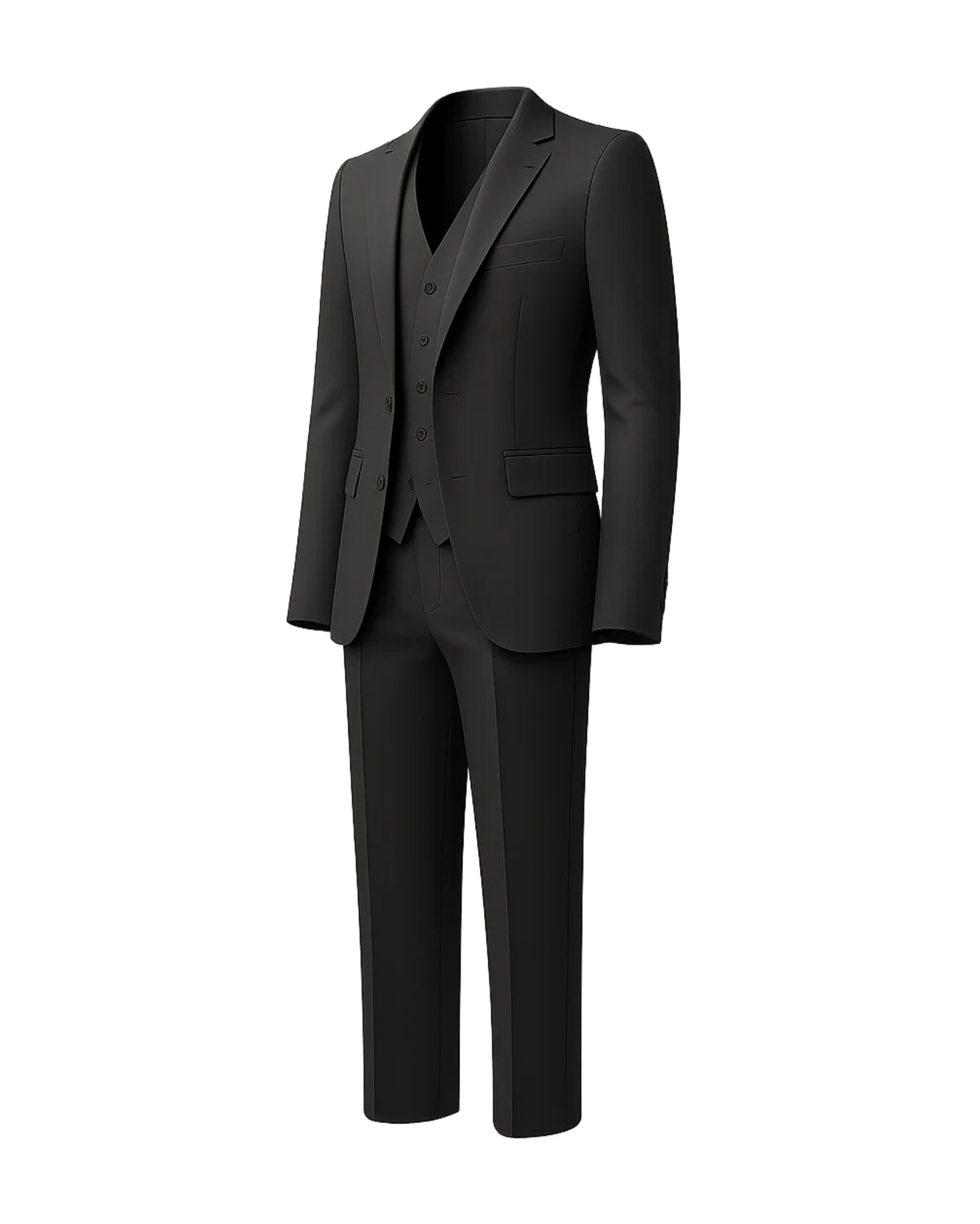 Men's Charcoal Gray Three Piece Suit Set featuring a tailored jacket, matching vest with button closure, and slim-fit trousers crafted from premium fabric for a refined formal appearance.