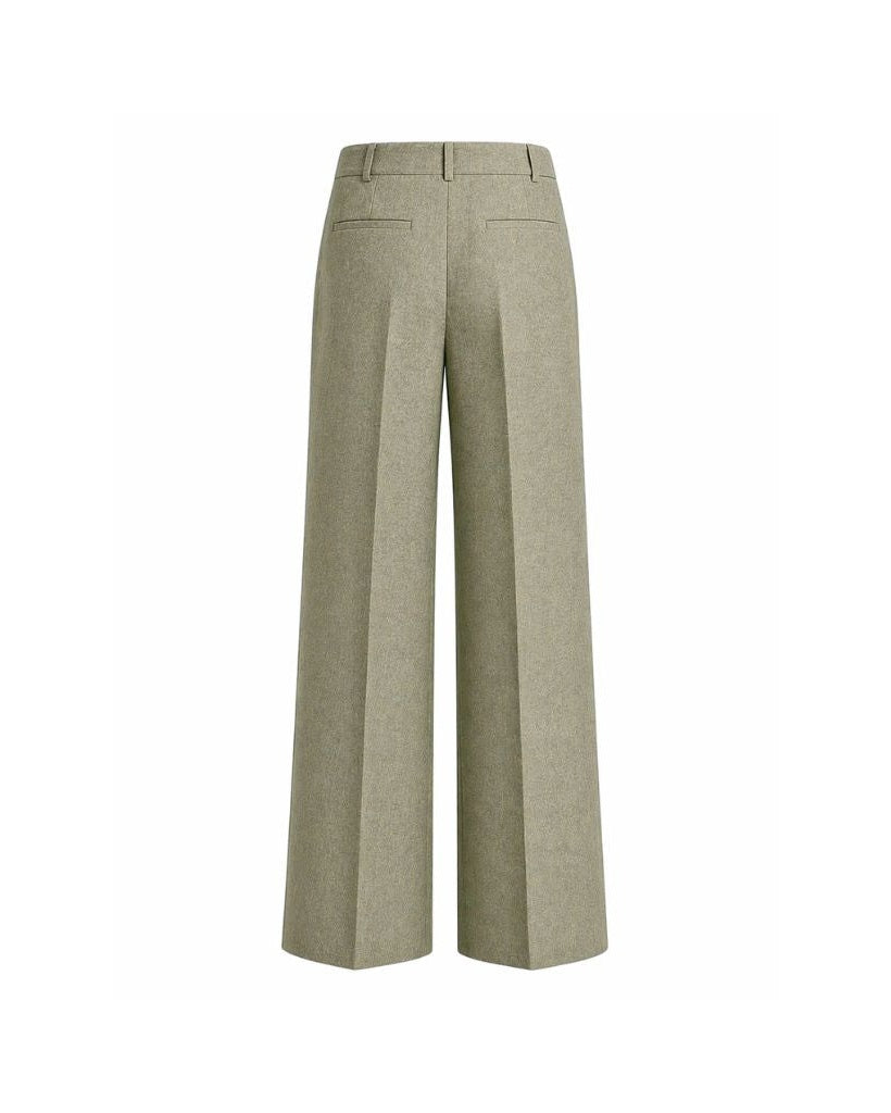 Back view of Sage Green Wool and Linen Blend Summer Wedding Pants featuring tailored wide legs, belt loops, and welt pockets, crafted for elegant and breathable summer formalwear.