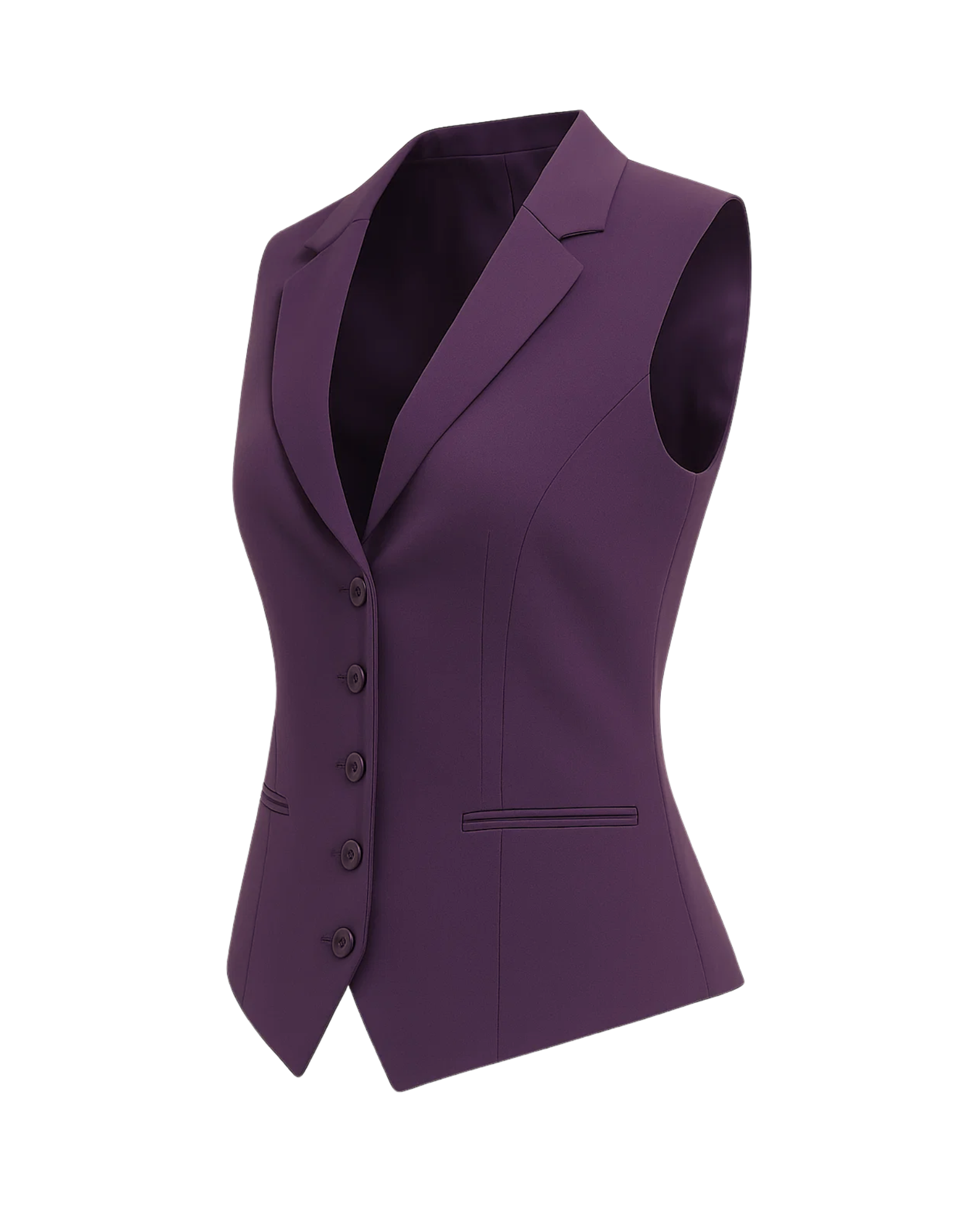 Women's Purple Five Button Vest featuring a tailored sleeveless design with sharp notch lapels, five matching buttons, and slim welt pockets for an elegant, structured fit.