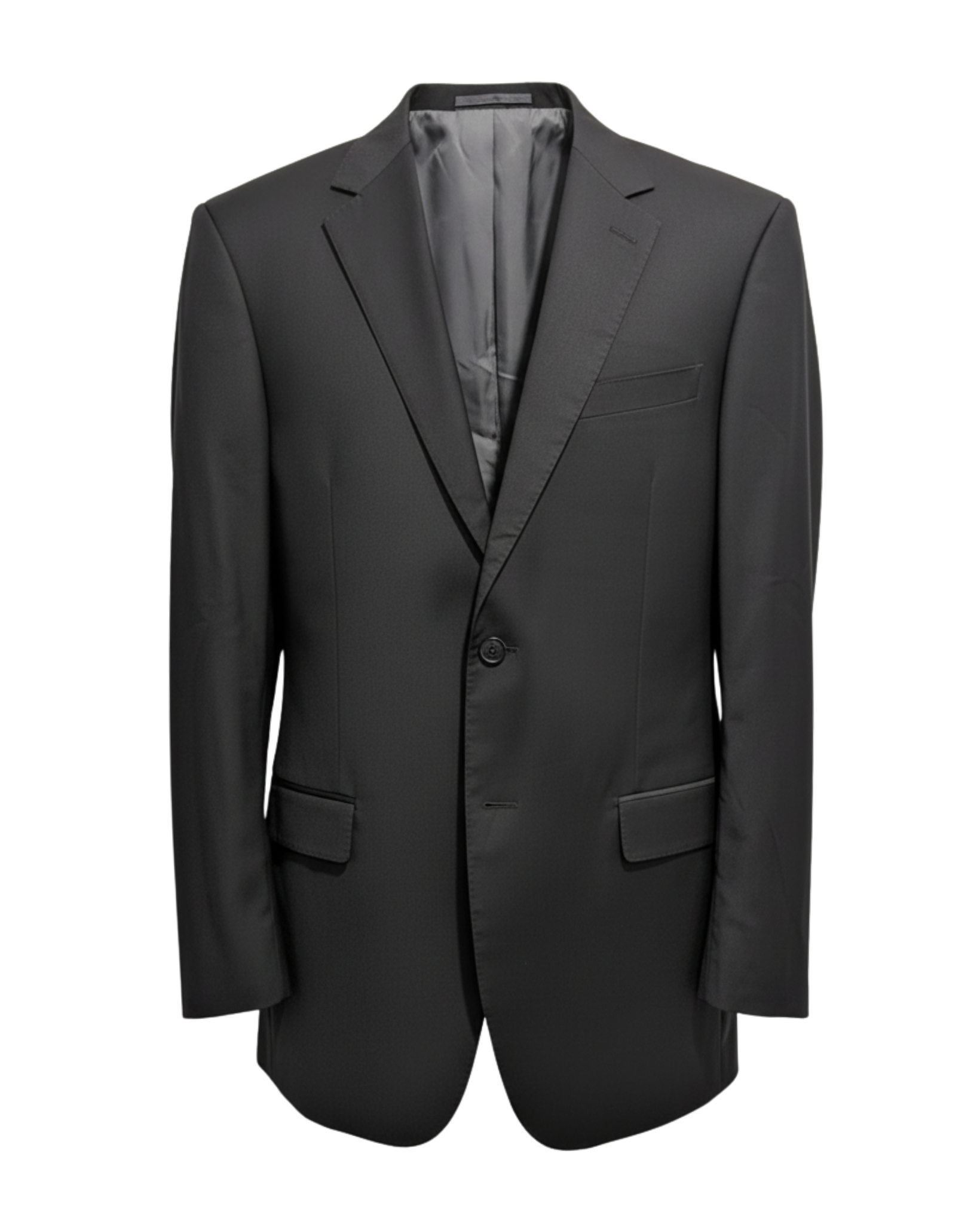 Black Two Button Jacket in a sleek, smooth fabric with classic notch lapels, flap pockets, and a tailored silhouette offering refined, versatile formalwear for modern suiting.