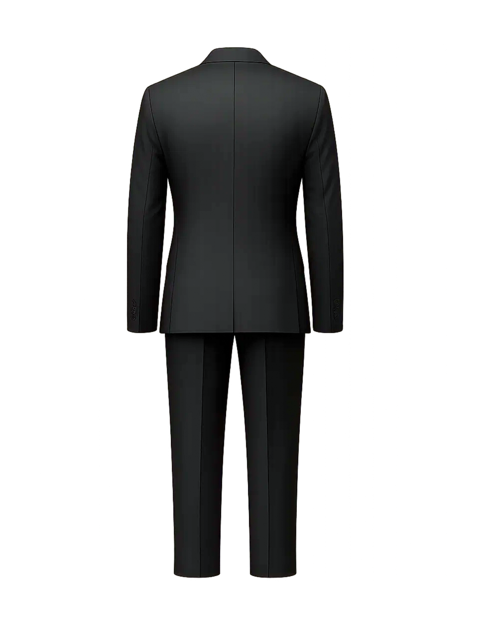 Men's Charcoal Gray Three Piece Suit Set shown from the back, featuring a tailored jacket and matching trousers crafted from smooth, high-quality fabric for a sophisticated formal ensemble.