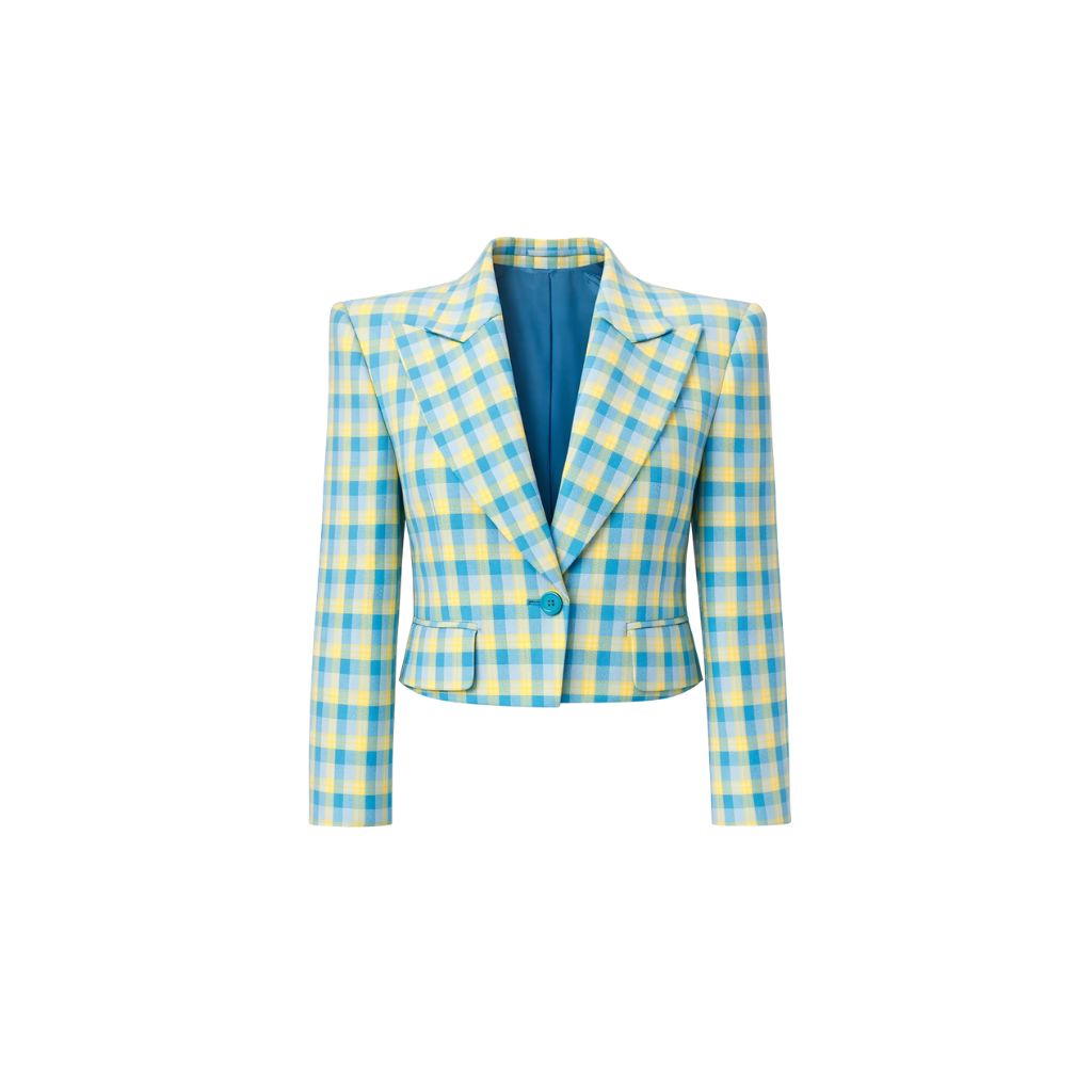 Blue Yellow Gingham Cropped Graphic Jacket featuring a tailored silhouette with sharp lapels, single-button closure, and a vibrant yellow and blue checkered pattern for standout style.
