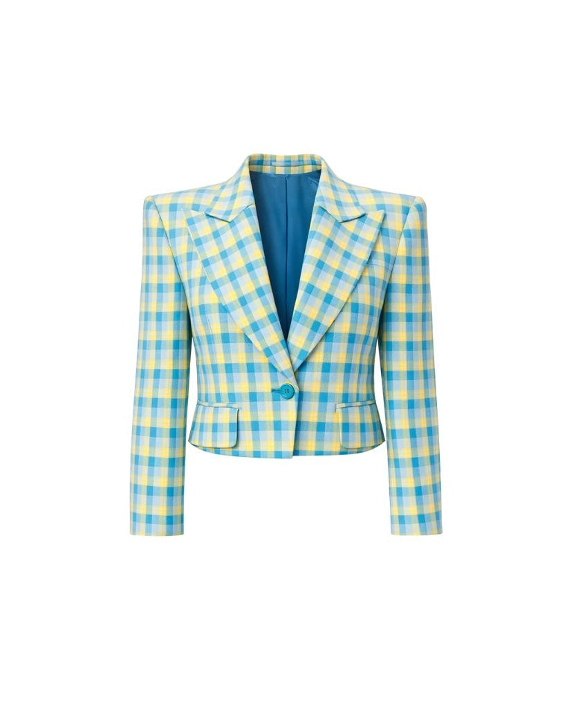 Blue Yellow Gingham Cropped Graphic Jacket featuring a tailored silhouette with sharp lapels, single-button closure, and a vibrant yellow and blue checkered pattern for standout style.