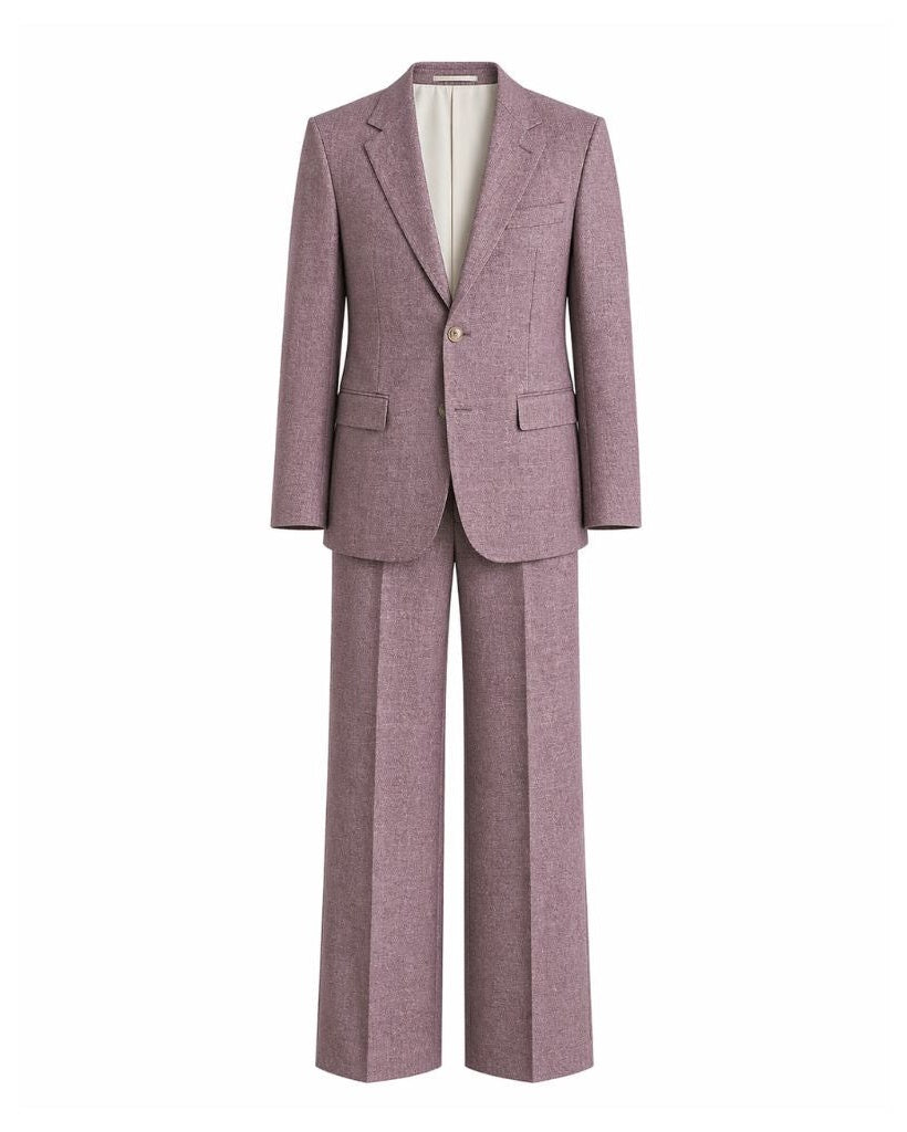 Lavender Rose Wool and Linen Blend Summer Wedding Suit featuring a tailored blazer with notch lapels and matching wide-leg trousers crafted from breathable, lightweight fabric ideal for warm-weather formalwear.