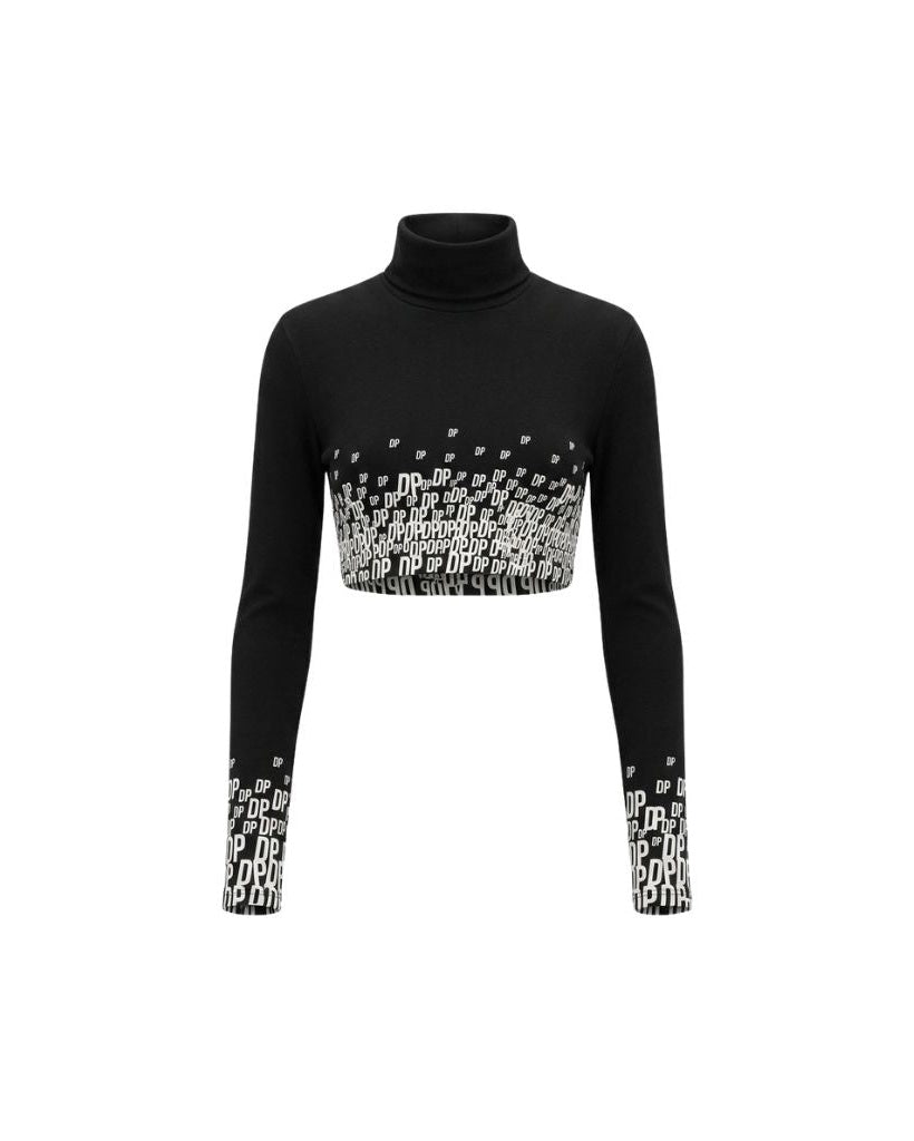 The Tailory New York X Dogpound Cropped Mockneck in black with a white "DP" logo gradient pattern concentrated at the midsection and sleeve ends, featuring long sleeves and a fitted silhouette.