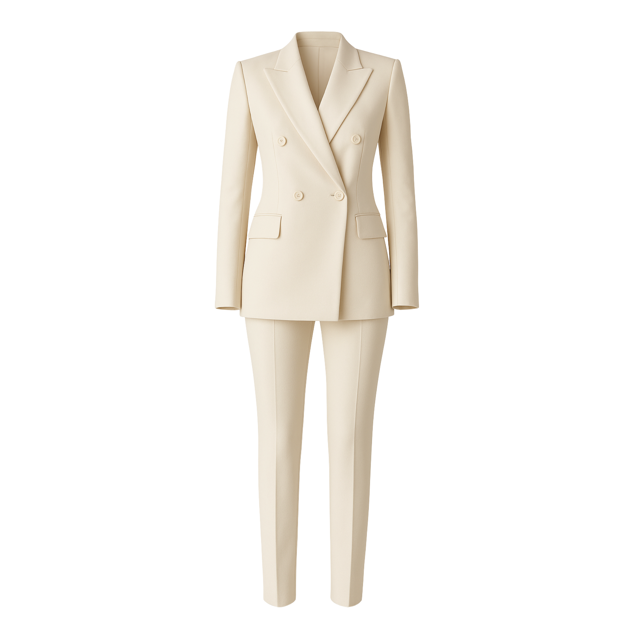 PRE-LOVED | Women's Cream Fitted Wedding Suit featuring a double-breasted blazer with peak lapels, structured tailoring, and slim tapered trousers crafted in luxury fabric for sophisticated bridal suiting.