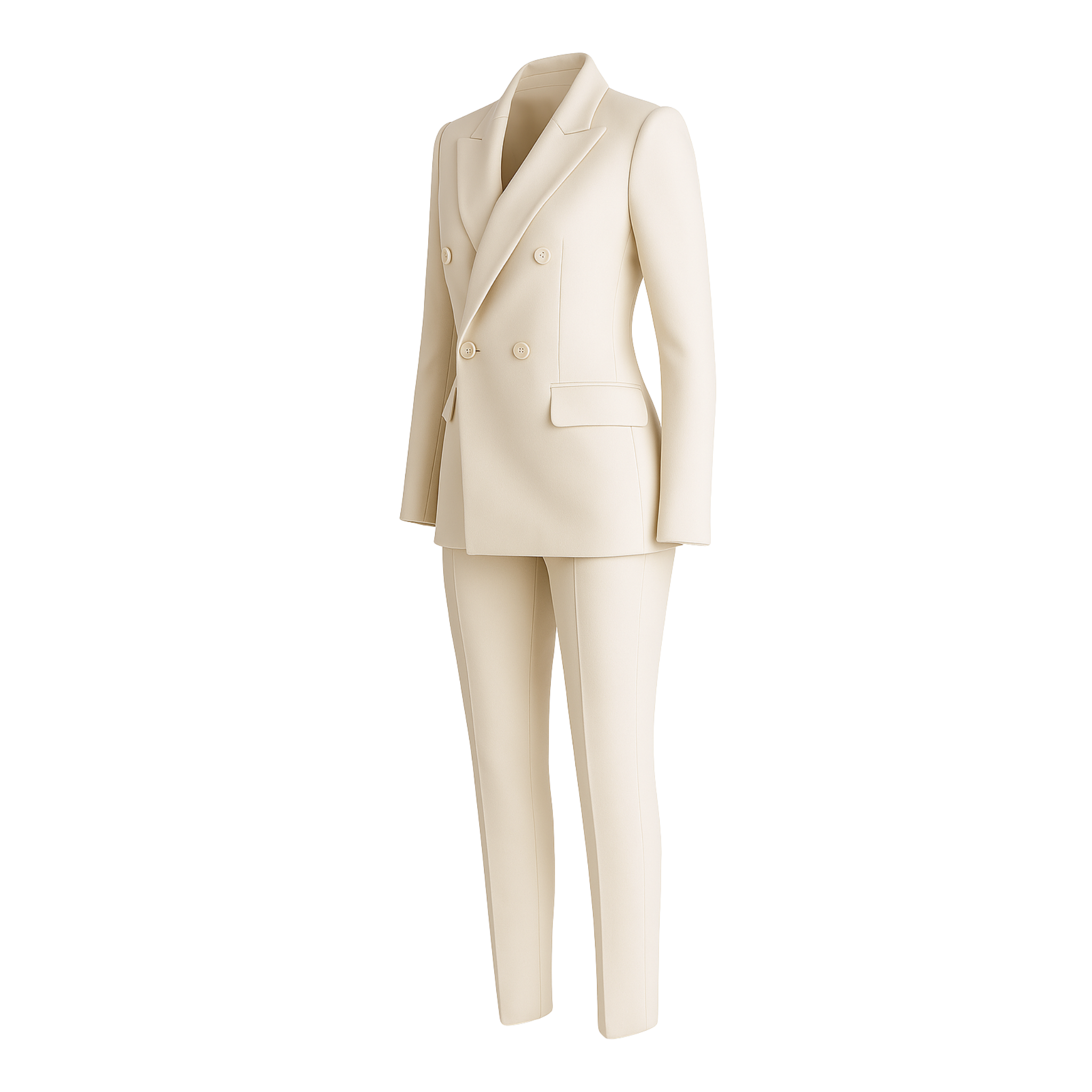 PRE-LOVED | Women's Cream Fitted Wedding Suit featuring a double-breasted blazer with peaked lapels, tailored flap pockets, and slim, tapered trousers in a soft cream fabric for elegant bridal suiting.