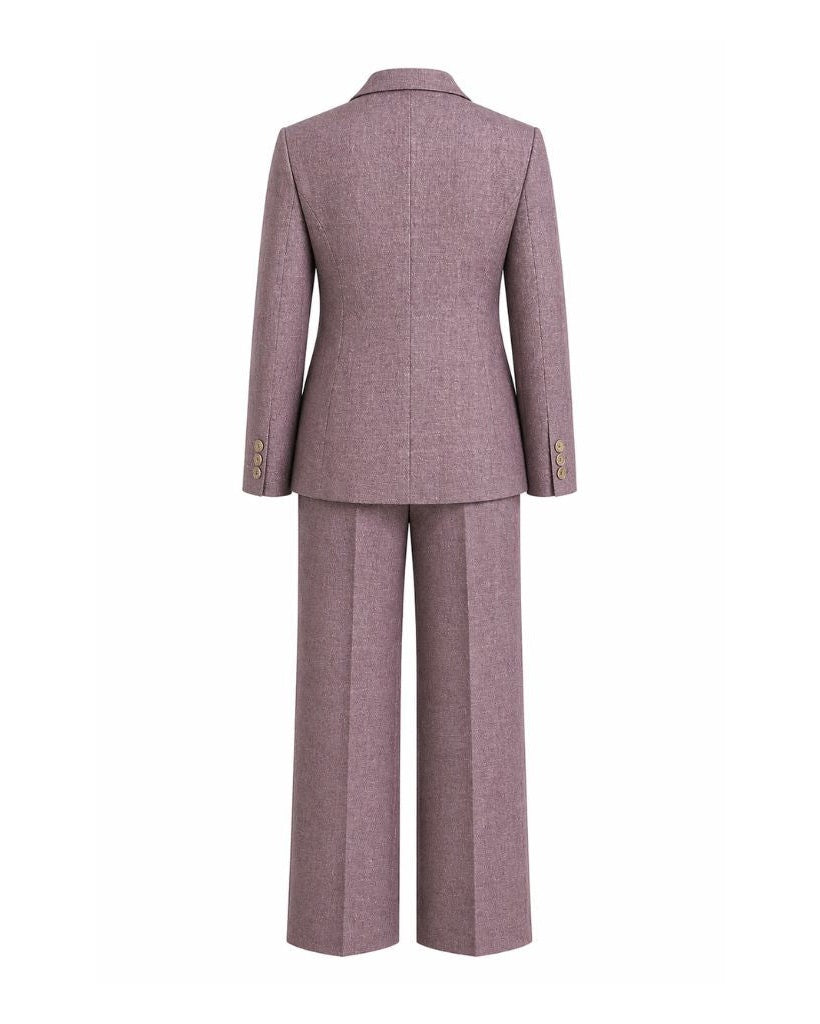 Back view of the Lavender Rose Wool and Linen Blend Summer Wedding Suit featuring a tailored blazer with structured seams and wide-leg trousers crafted from breathable, luxurious fabric.