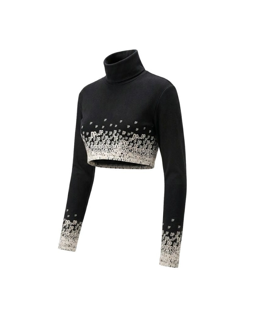 The Tailory New York X Dogpound Cropped Mockneck in black features a fitted silhouette with a high neckline and a unique white "DP" logo gradient pattern concentrated at the hem and sleeve cuffs.