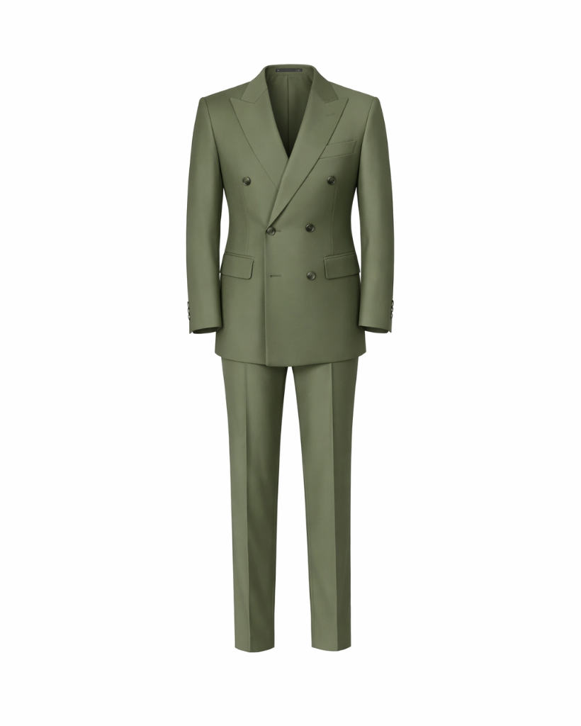 Dark Green Double-Breasted Tailored 2-Piece Wedding Suit featuring a sleek, modern silhouette with wide peak lapels, structured shoulders, and slim-fit trousers crafted for sophisticated formal occasions.