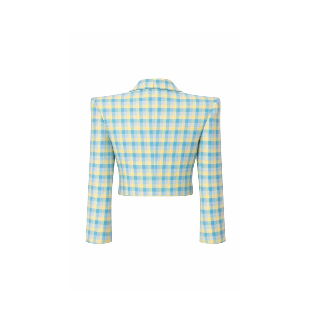Back view of the Blue Yellow Gingham Cropped Graphic Jacket, featuring a structured tailored fit with sharp shoulders and a vibrant pastel check pattern for a standout look.