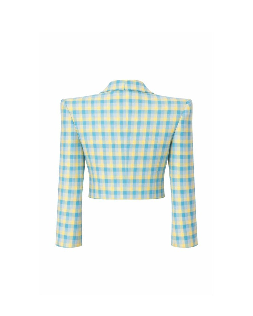 Back view of the Blue Yellow Gingham Cropped Graphic Jacket, featuring a structured tailored fit with sharp shoulders and a vibrant pastel check pattern for a standout look.