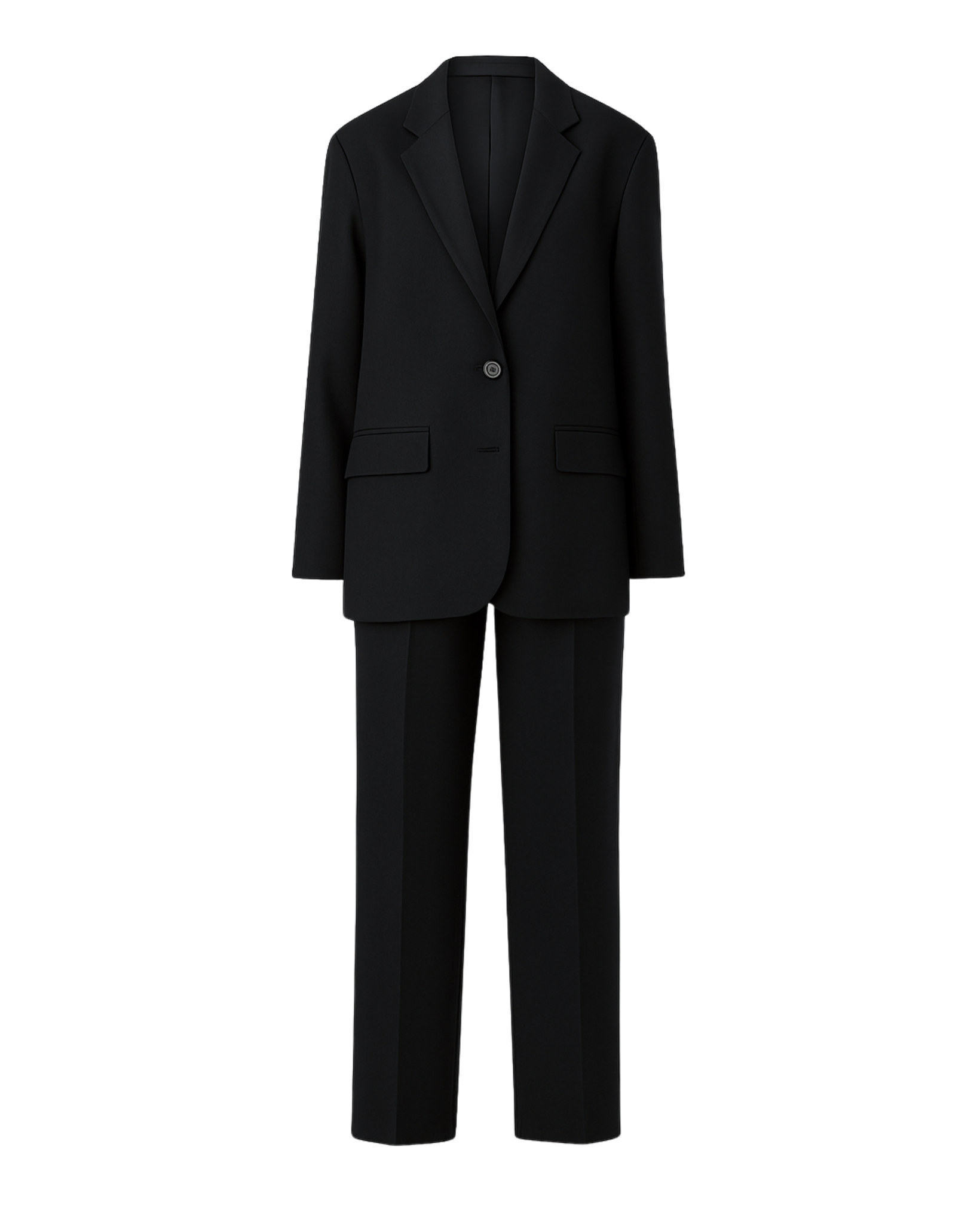 PRE-LOVED | Women's Black Oversized Wedding Suit featuring a relaxed single-button blazer with notched lapels and flap pockets, paired with straight-leg tailored trousers in a sleek black fabric.