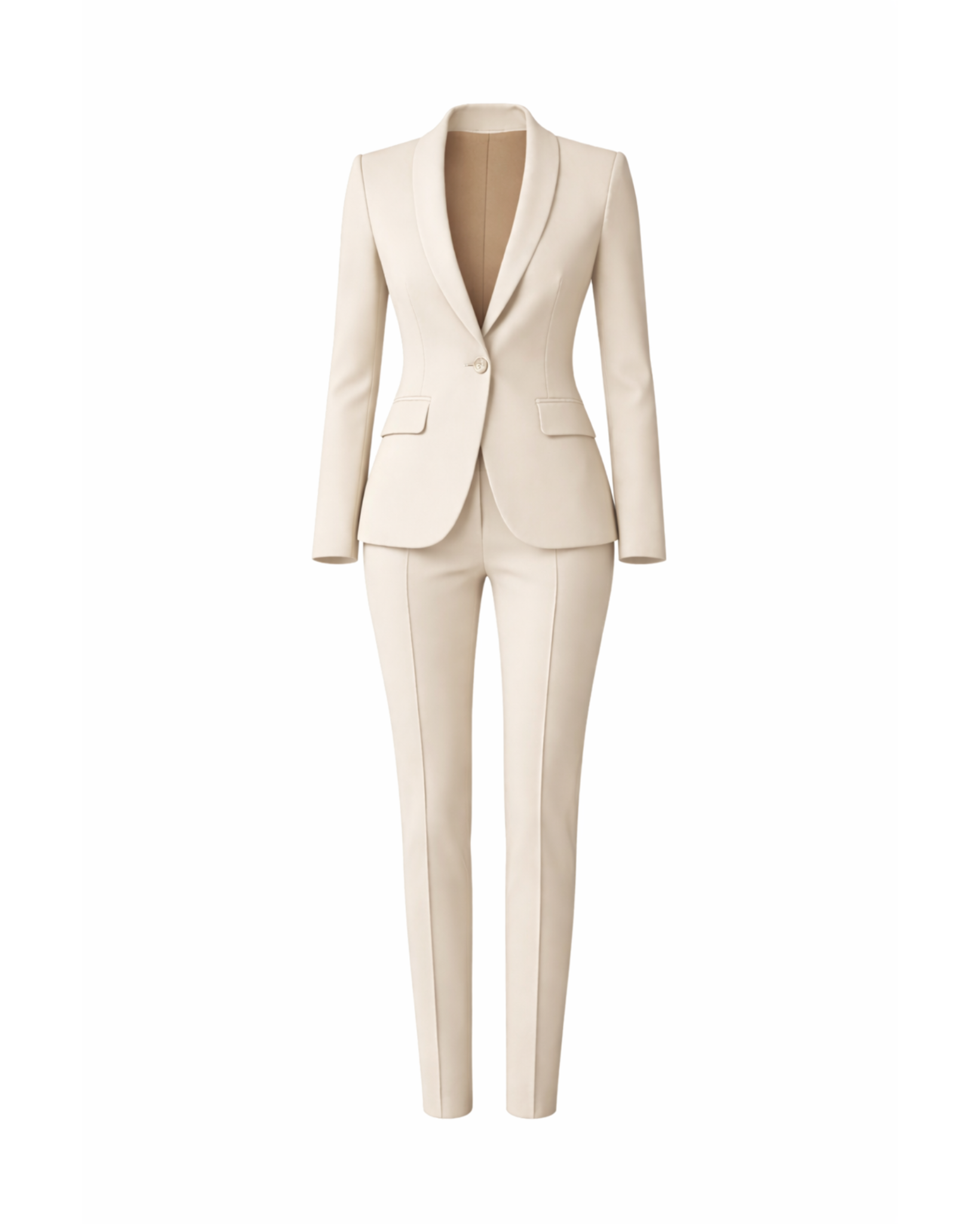 Women's Wearhouse | Women's Cream Fitted Wedding Suit featuring a single-button blazer with shawl lapels and tailored flap pockets, paired with slim, tapered trousers in soft cream fabric for refined bridal suiting.