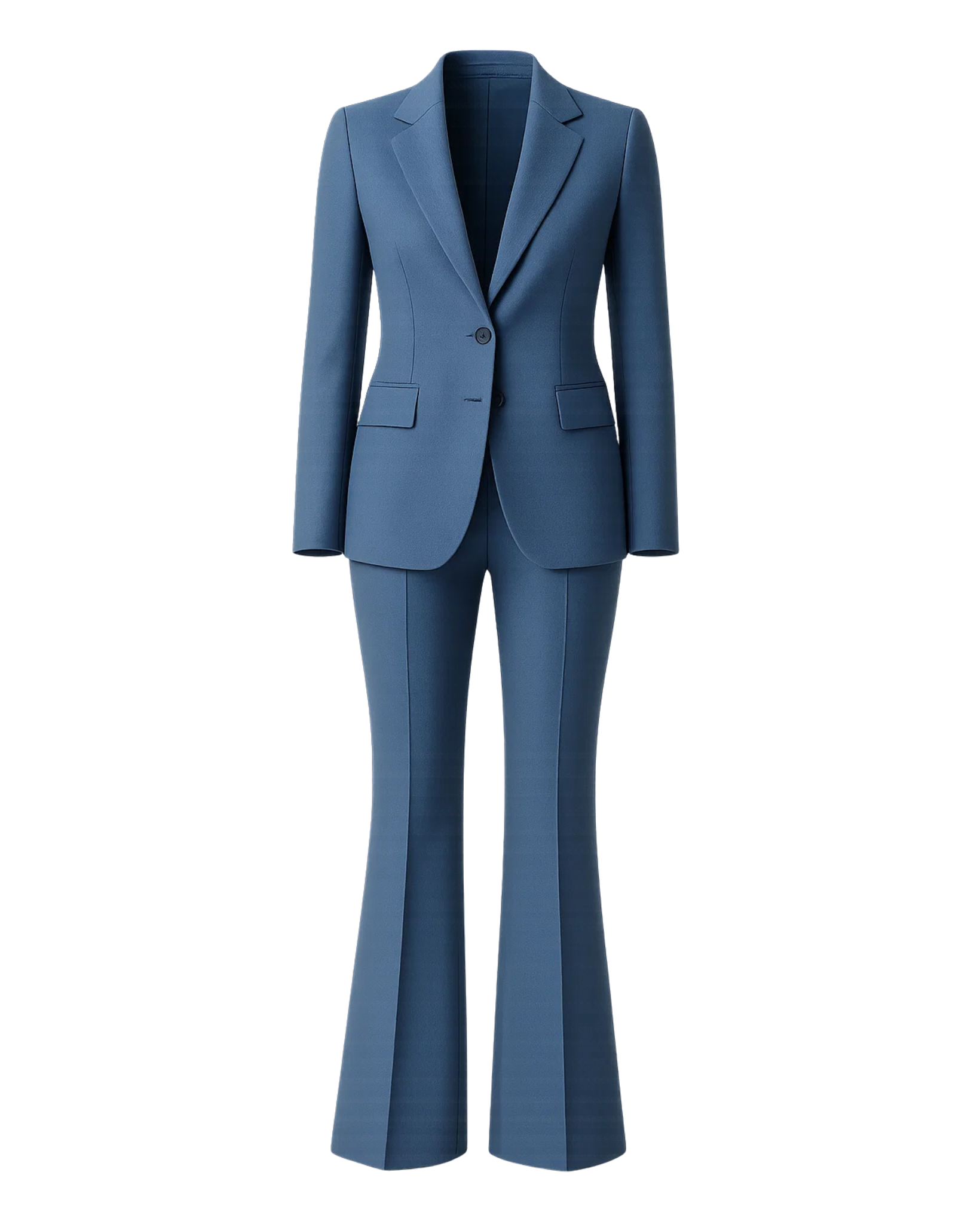 Women's Blue Two Piece Suit Set featuring a tailored blazer with notch lapels, single-button closure, and front flap pockets paired with high-waisted, flared trousers for a modern, elegant silhouette.