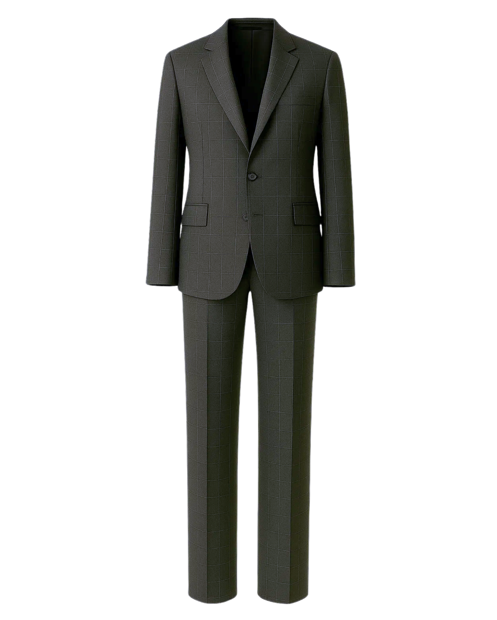 Men's Charcoal Gray Windowpane Check Suit Set featuring a tailored fit with structured notch lapels, two-button closure, flap pockets, and matching straight-leg trousers in refined charcoal gray fabric.
