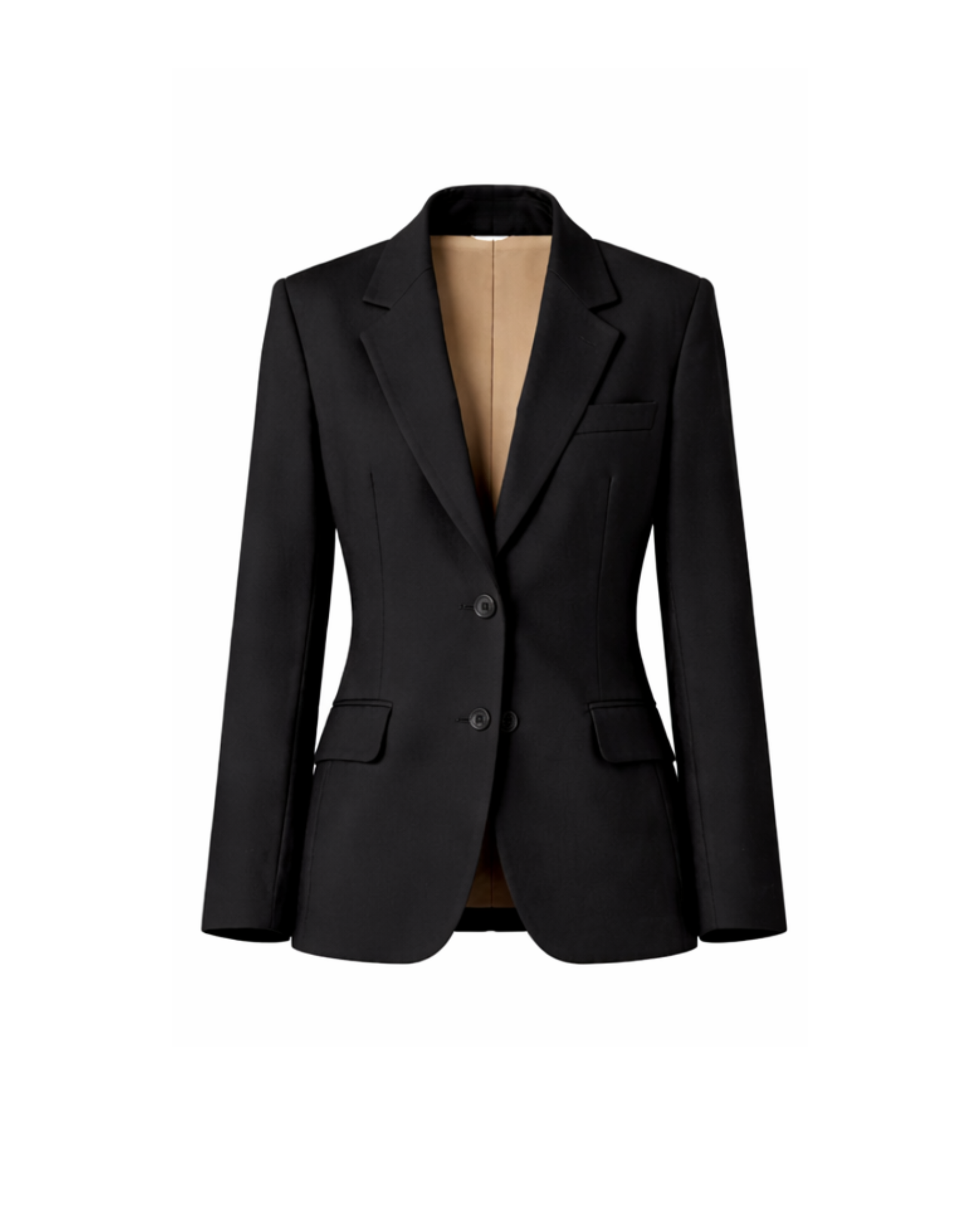 Women's Wearhouse | Back Fitted Suit Jacket in a sleek black fabric, featuring a tailored silhouette with notch lapels, two-button closure, and flap pockets for sophisticated women's suiting.