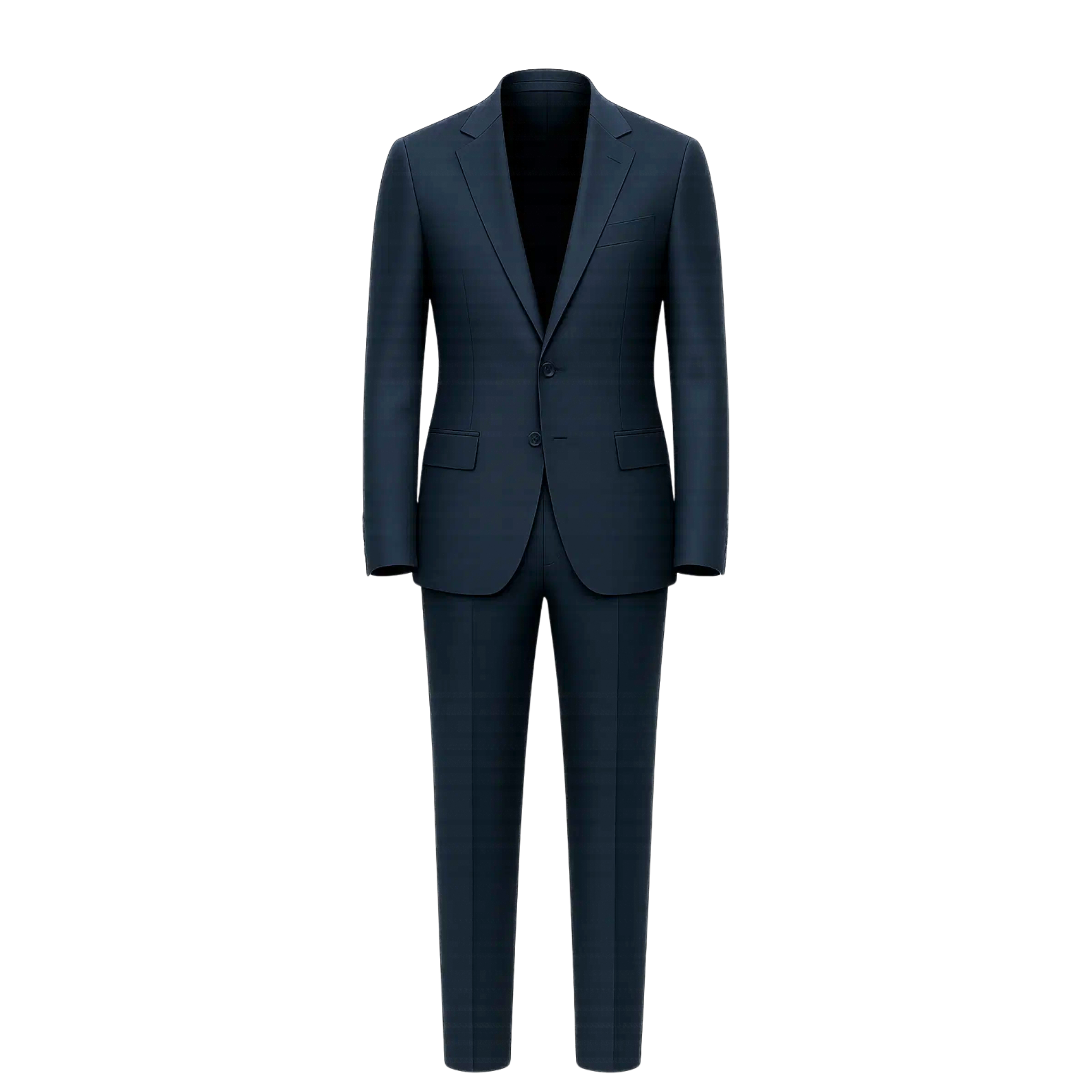 Men's Navy Blue Classic Tailored Suit Set featuring a sharp two-button blazer with notch lapels, flap pockets, and slim-fit trousers in a refined navy fabric perfect for formal business wear.
