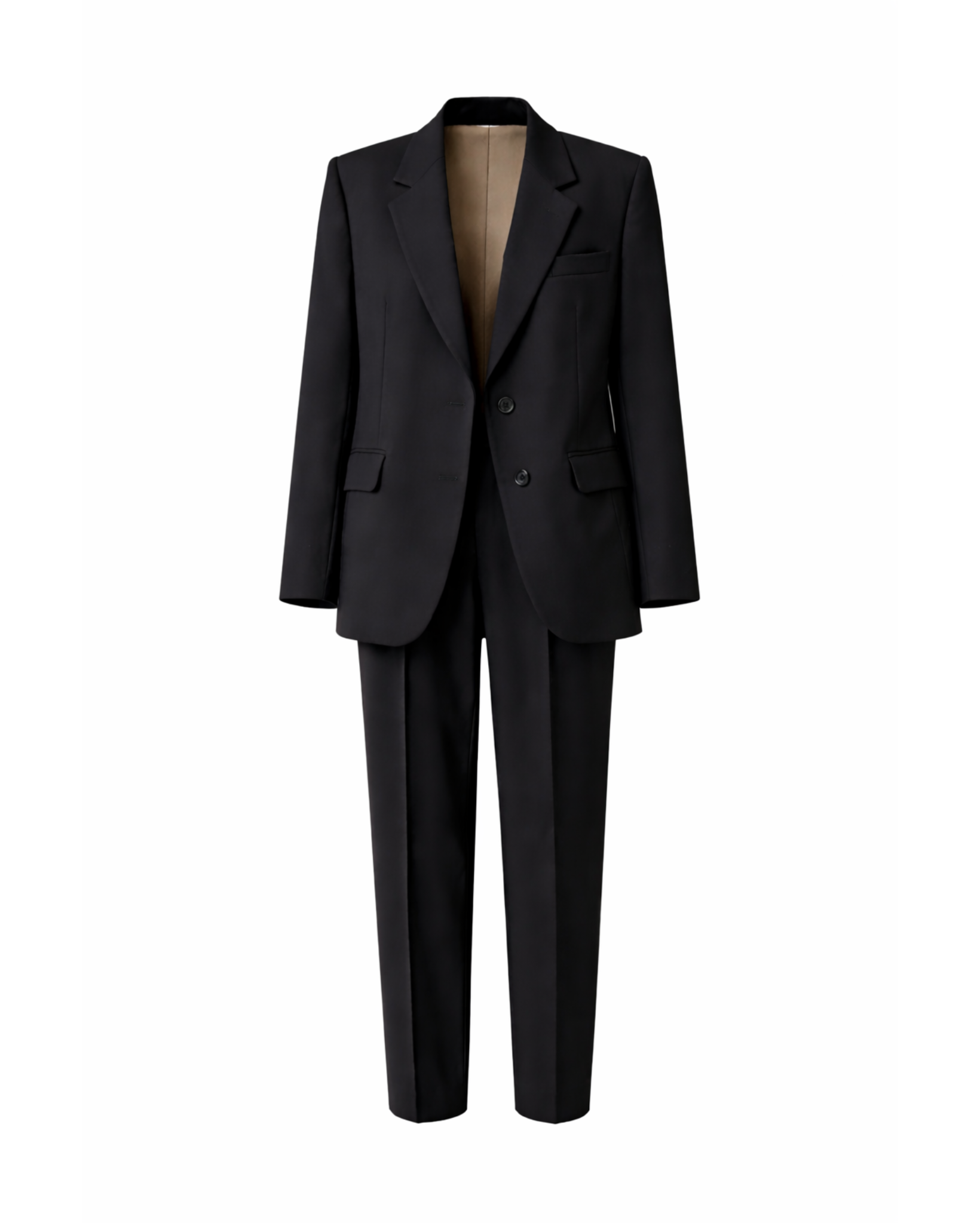 Women's Wearhouse | Black Oversized Wedding Suit featuring a relaxed double-button blazer with classic notch lapels and straight-leg tailored trousers in smooth black fabric for a modern, androgynous bridal look.
