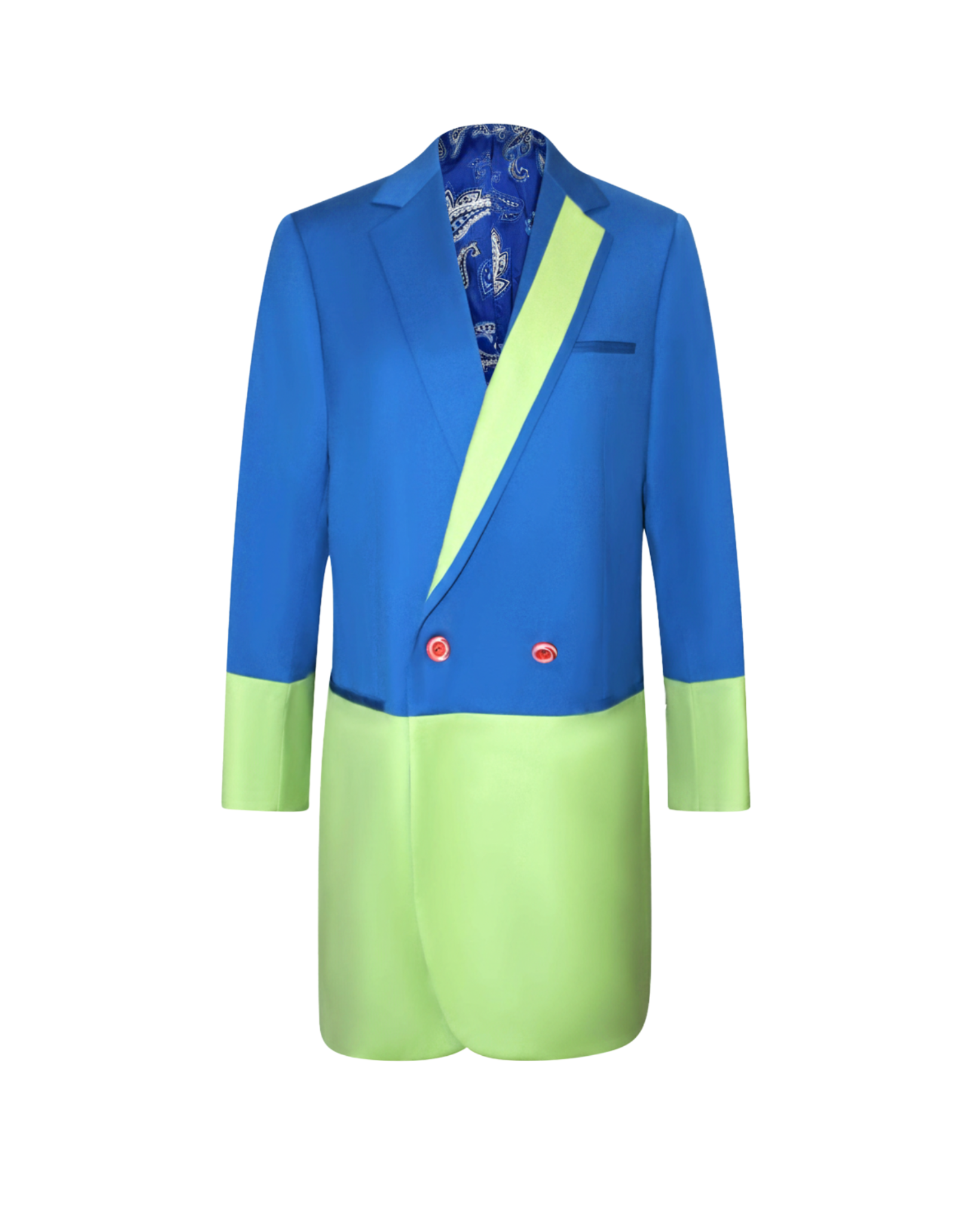 Two-Tone Wool Color Block Blazer featuring a bold blue and light green mix with double-breasted closure and contrast inner lining for a striking, modern tailored look.