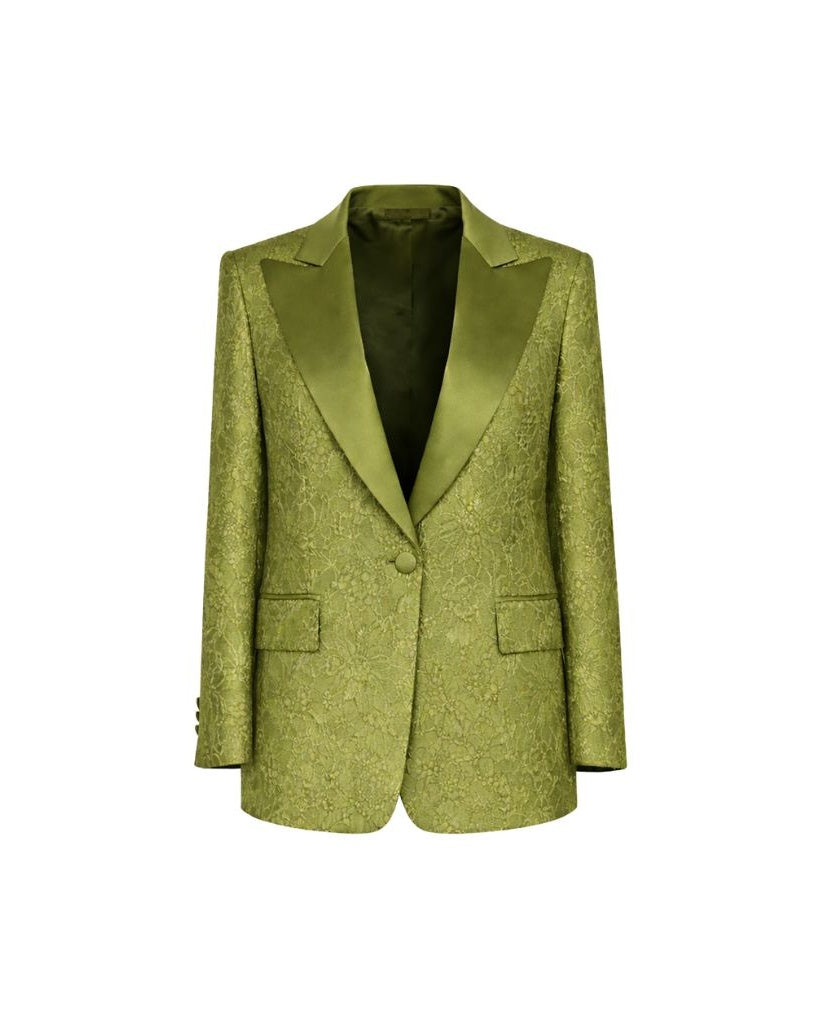 Front view of Green Floral Graphic Tuxedo Jacket featuring an intricate floral jacquard fabric with a satin peak lapel and single-button closure for elegant evening wear.