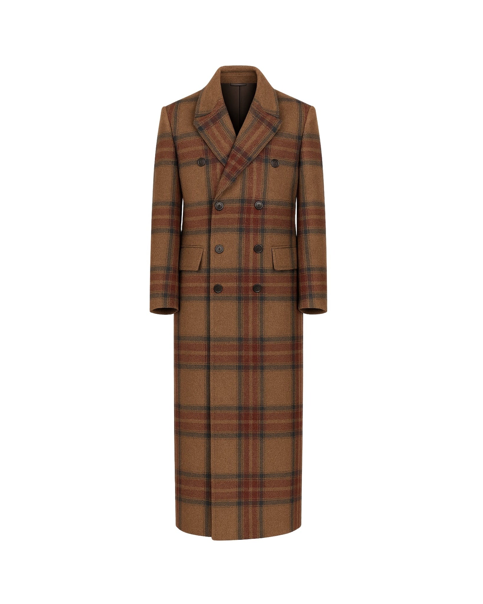 Vendemmia Camel Plaid Greatcoat — Military Style, Double-Breasted, Full Canvas