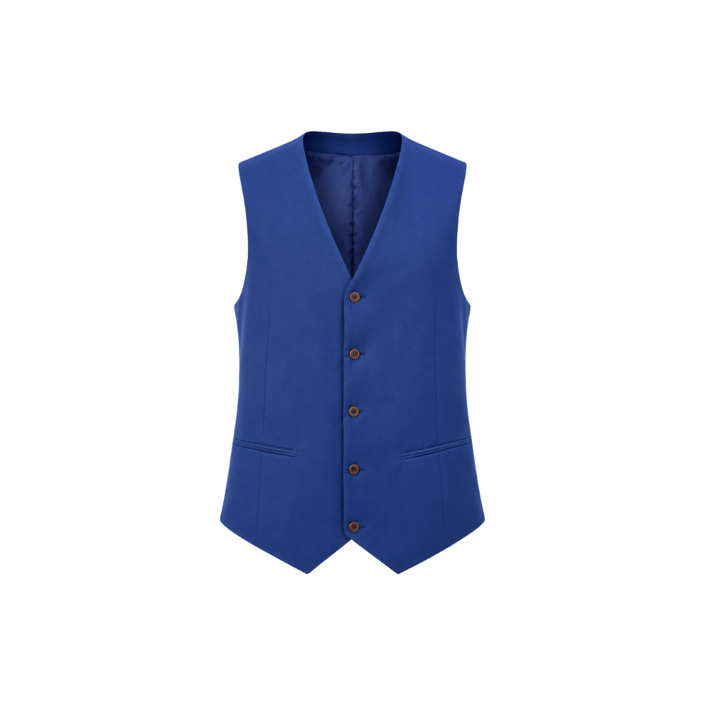 Loro Piana Blue 100% Wool Men’s Fitted Vest in a vibrant blue hue, featuring a sleek single-breasted design with button closure and refined welt pockets for polished menswear layering.