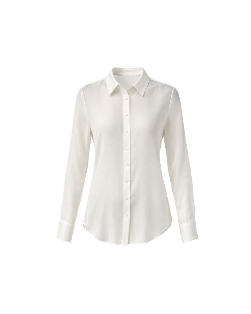 Ivory Semi-Sheer Tailored Shirt with a classic pointed collar, long sleeves with buttoned cuffs, and a fitted silhouette crafted from lightweight sheer fabric for elegant layering.