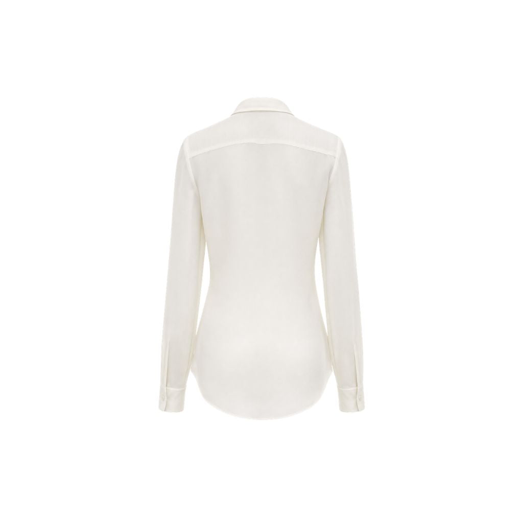 Back view of Ivory Semi-Sheer Tailored Shirt crafted with lightweight fabric, featuring a feminine fitted shape, long sleeves with buttoned cuffs, and a classic collar for elegant layering.