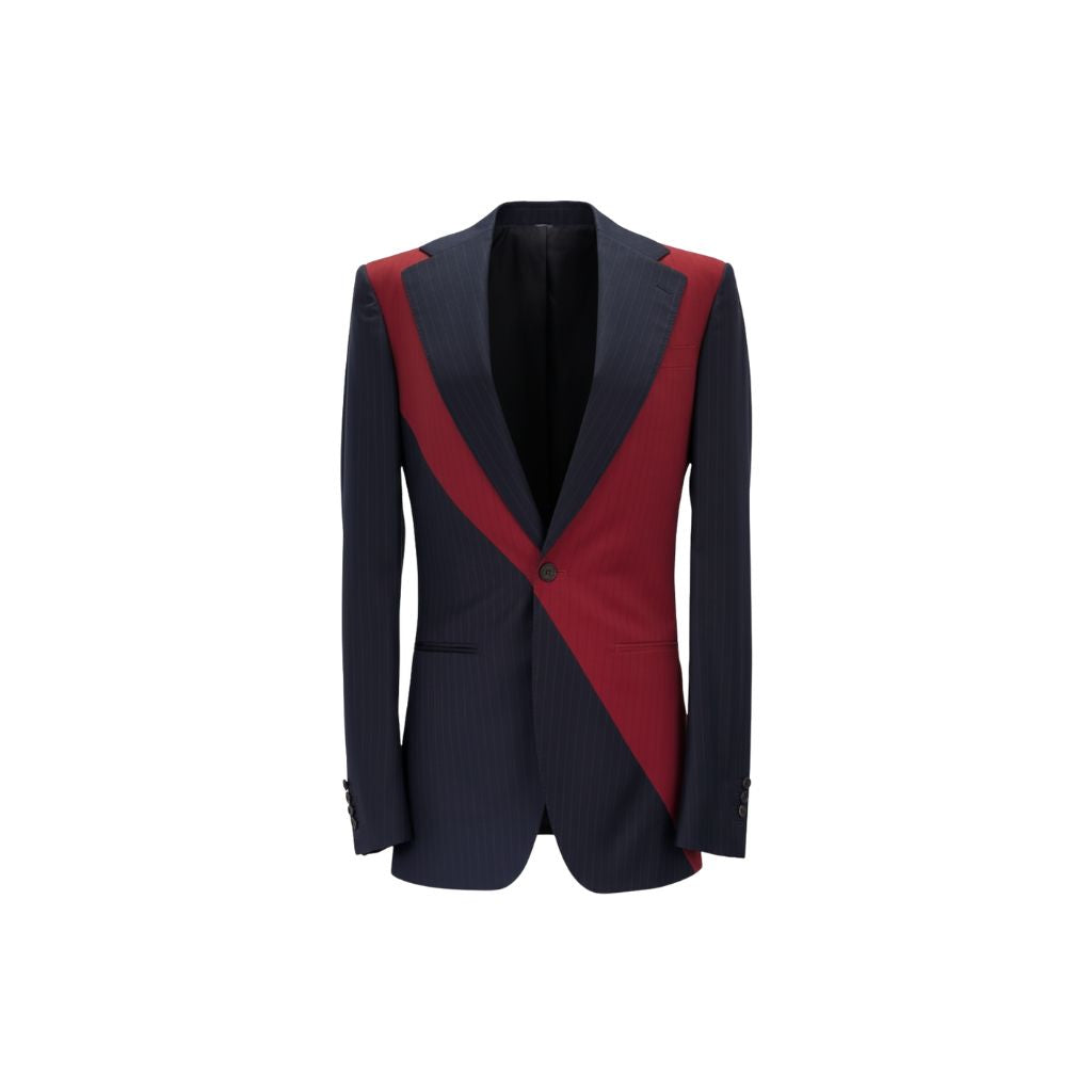 Front view of Navy and Red Pinstripe Graphic Jacket featuring a sharp single-button closure, an asymmetric red graphic overlay on classic navy pinstripe fabric, and tailored lapels for a bold, contemporary silhouette.