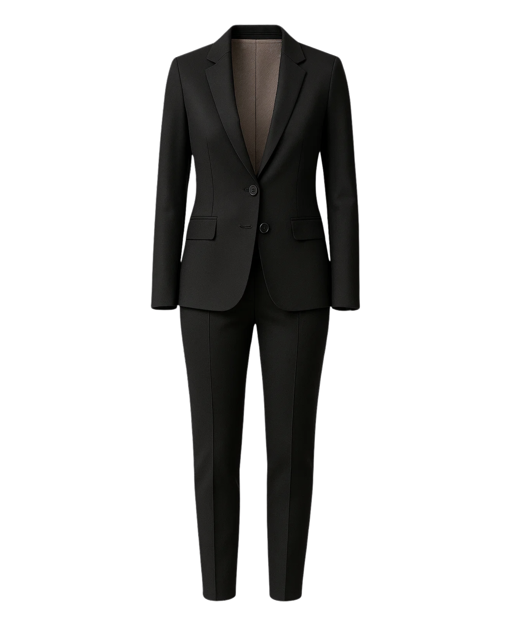 PRE-LOVED | Women's Black Fitted Wedding Suit featuring a tailored blazer with structured lapels and flap pockets, paired with slim, tapered trousers for a polished androgynous bridal look.