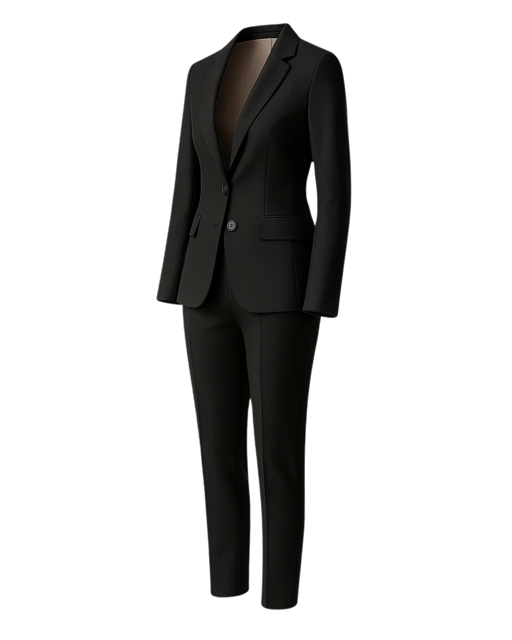 PRE-LOVED | Women's Black Fitted Wedding Suit featuring a single-button tailored blazer with narrow lapels and flap pockets, paired with slim, tapered formal trousers for sharp, elegant bridal suiting.