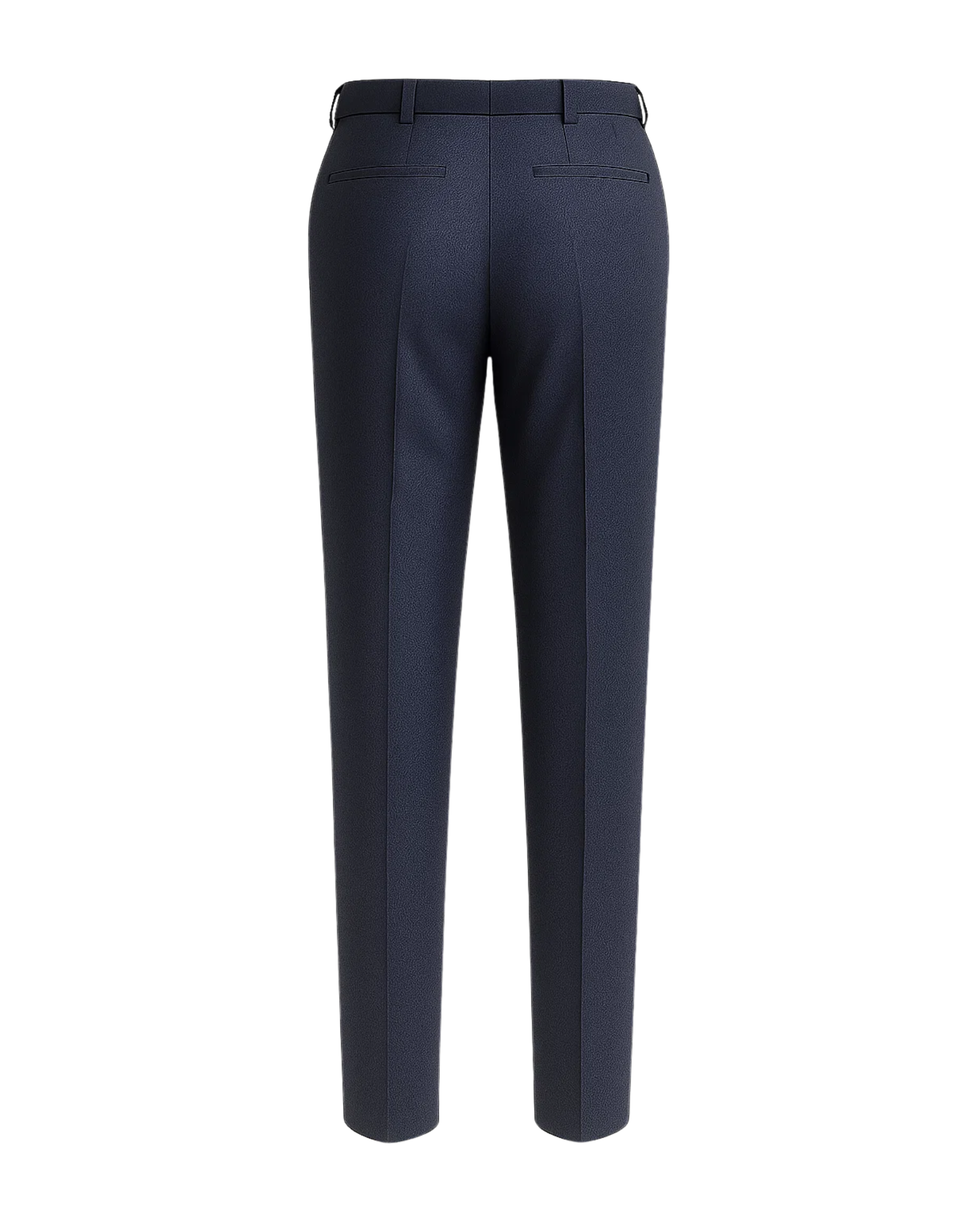 Men's Navy Blue Dress Pants Trousers shown from the back, featuring a slim tailored fit, clean flat waistband with belt loops, and welt pockets crafted from smooth, refined fabric.